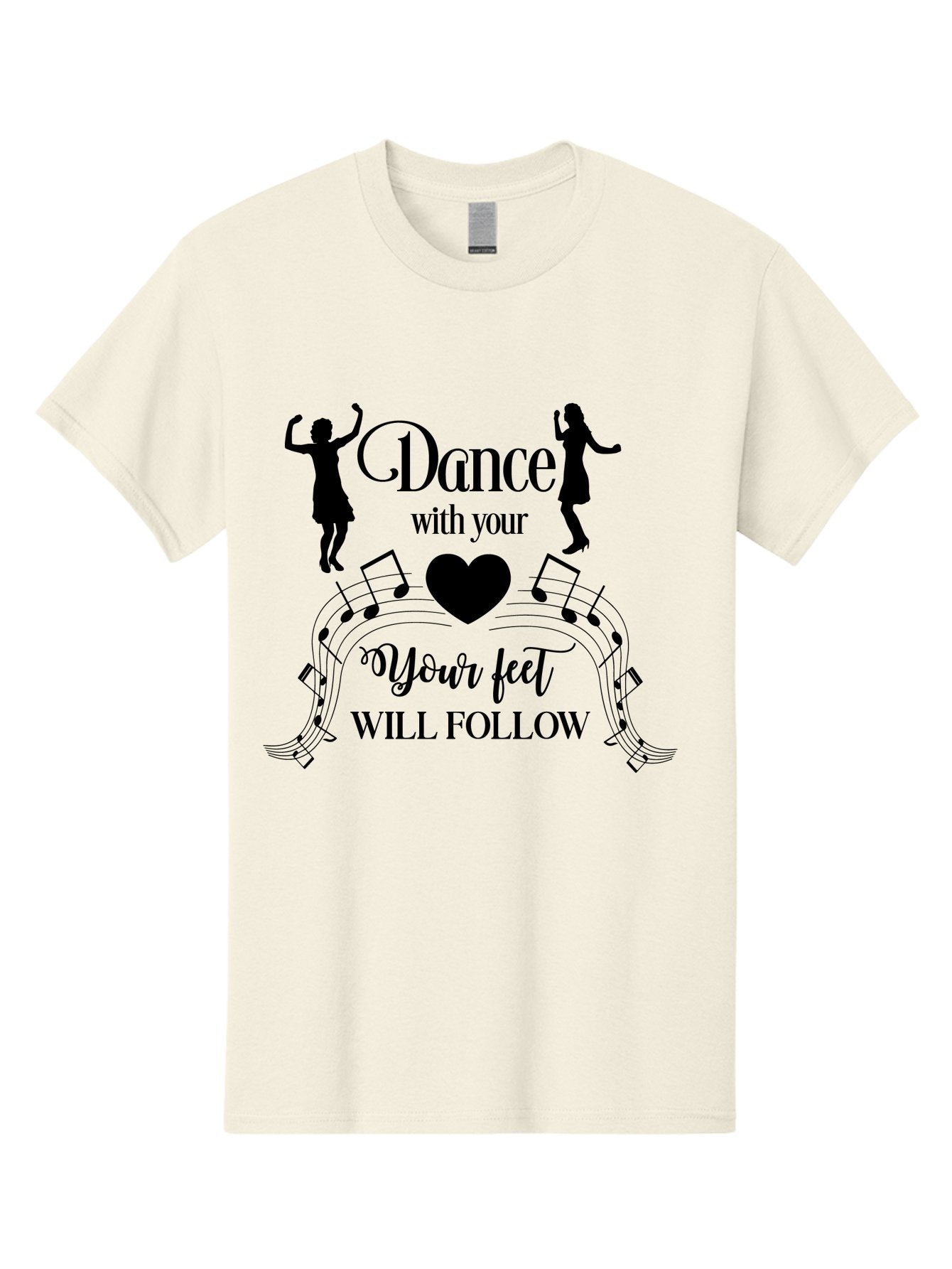 Dance-With-Your Men'S Graphic Tee, 100% Cotton, Comfortable Casual Summer Wear, Machine Washable, Dance Silhouettes, Dancing With Heart, Motivational Quote, Dance With Your Heart, Your Feet Will Follow, Musical Notes, Dancing Figures, Aac625 15