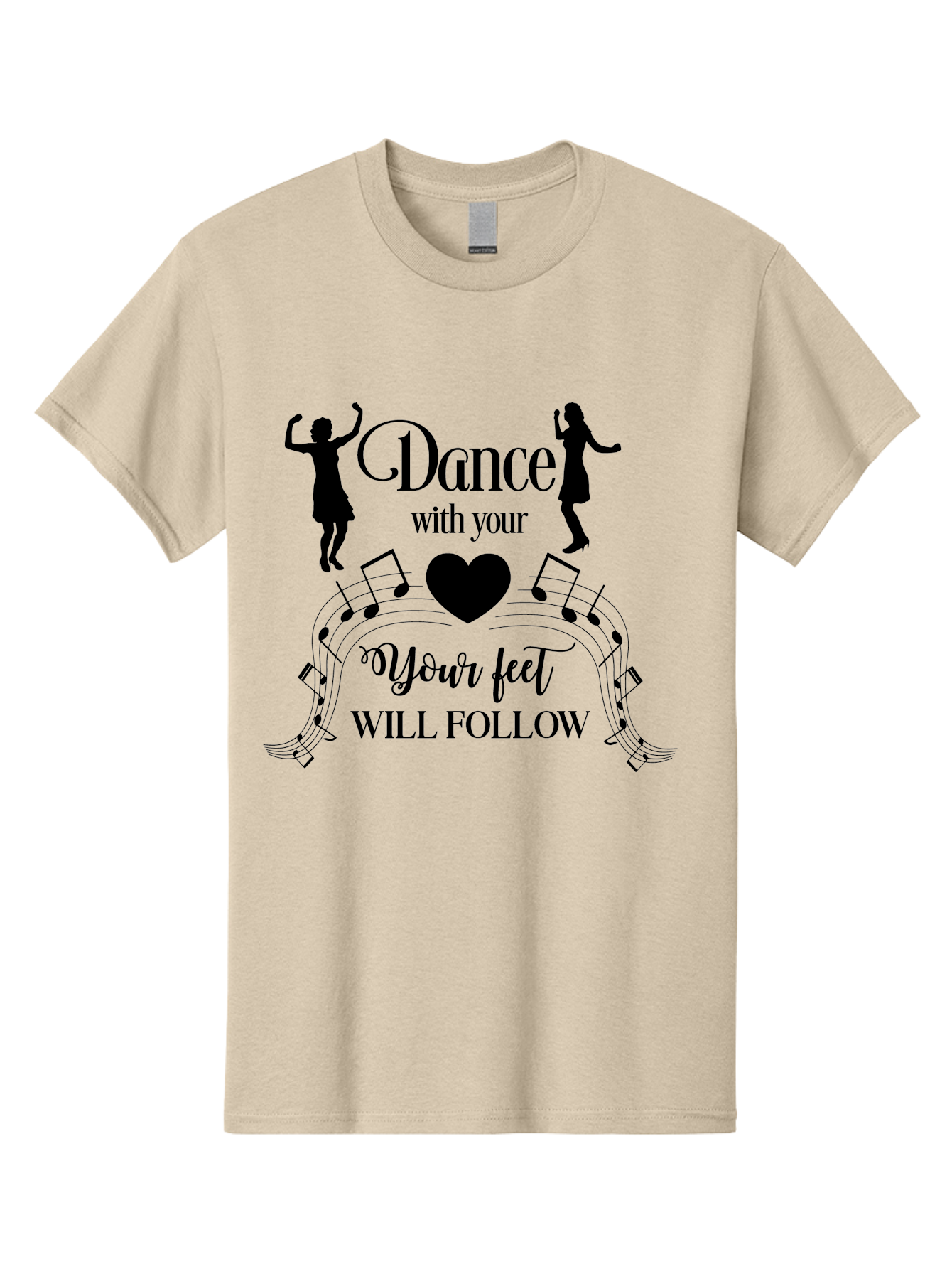Dance-With-Your Men'S Graphic Tee, 100% Cotton, Comfortable Casual Summer Wear, Machine Washable, Dance Silhouettes, Dancing With Heart, Motivational Quote, Dance With Your Heart, Your Feet Will Follow, Musical Notes, Dancing Figures, Aac625 15
