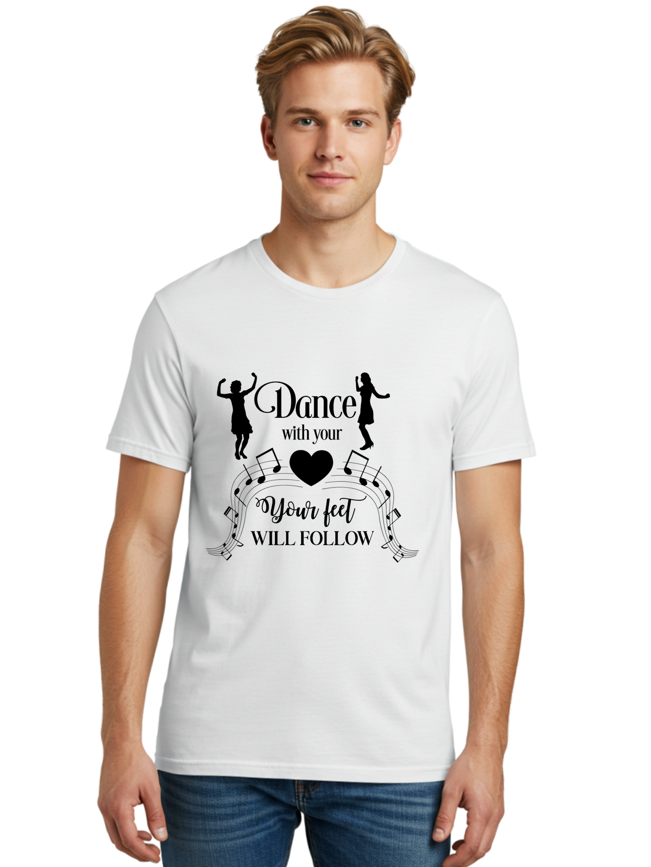 Dance-With-Your Men'S Graphic Tee, 100% Cotton, Comfortable Casual Summer Wear, Machine Washable, Dance Silhouettes, Dancing With Heart, Motivational Quote, Dance With Your Heart, Your Feet Will Follow, Musical Notes, Dancing Figures, Aac625 10