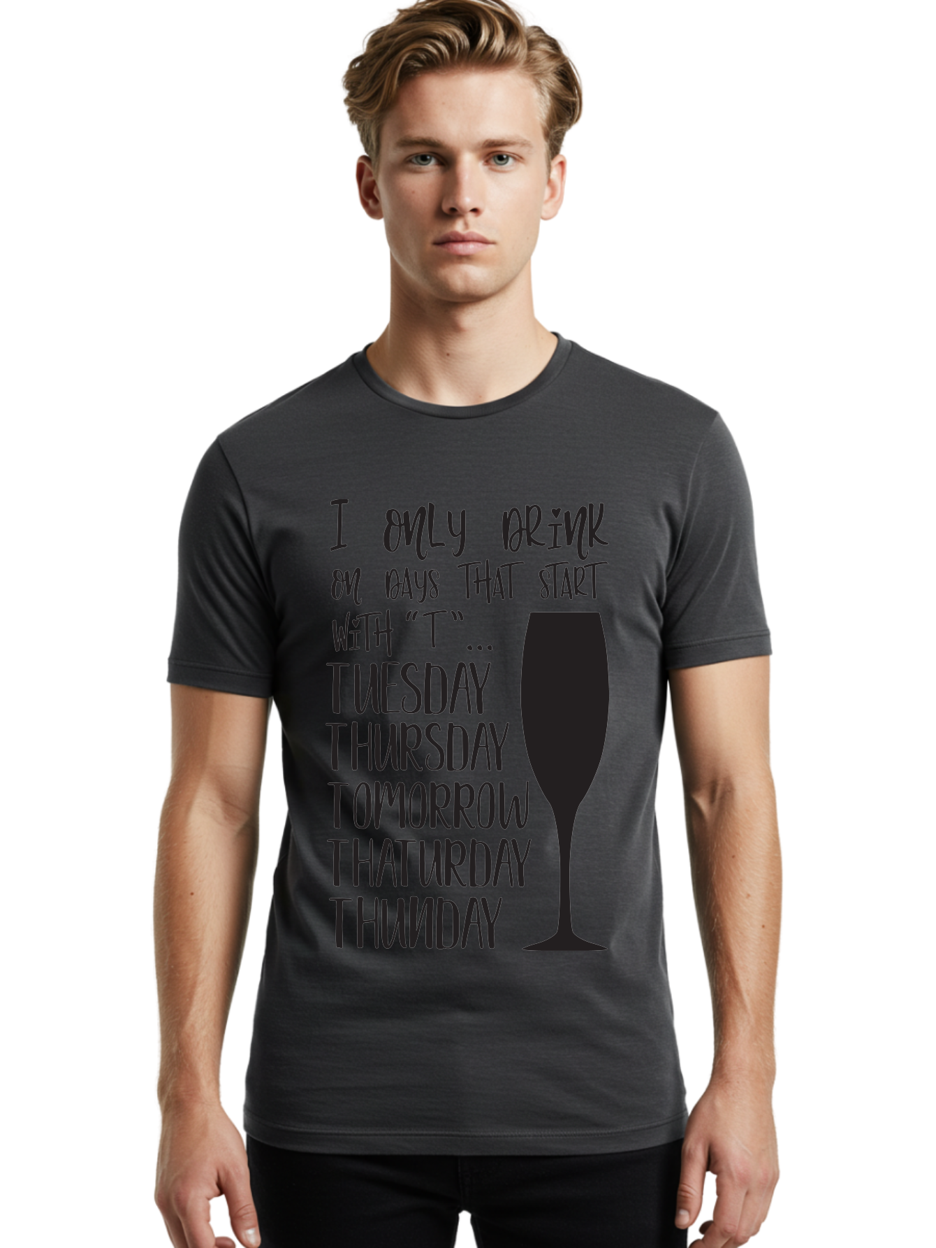 Days-That-Start-With-T Men'S Graphic Tee, 100% Cotton, Comfortable Casual Summer Wear, Machine Washable, Humorous Quote, Funny Saying, Wine Glass, Drinking Joke, Tuesday, Thursday, Tomorrow, That'Urday, Thunday, Playful Humor, Party Vibes, Aac628