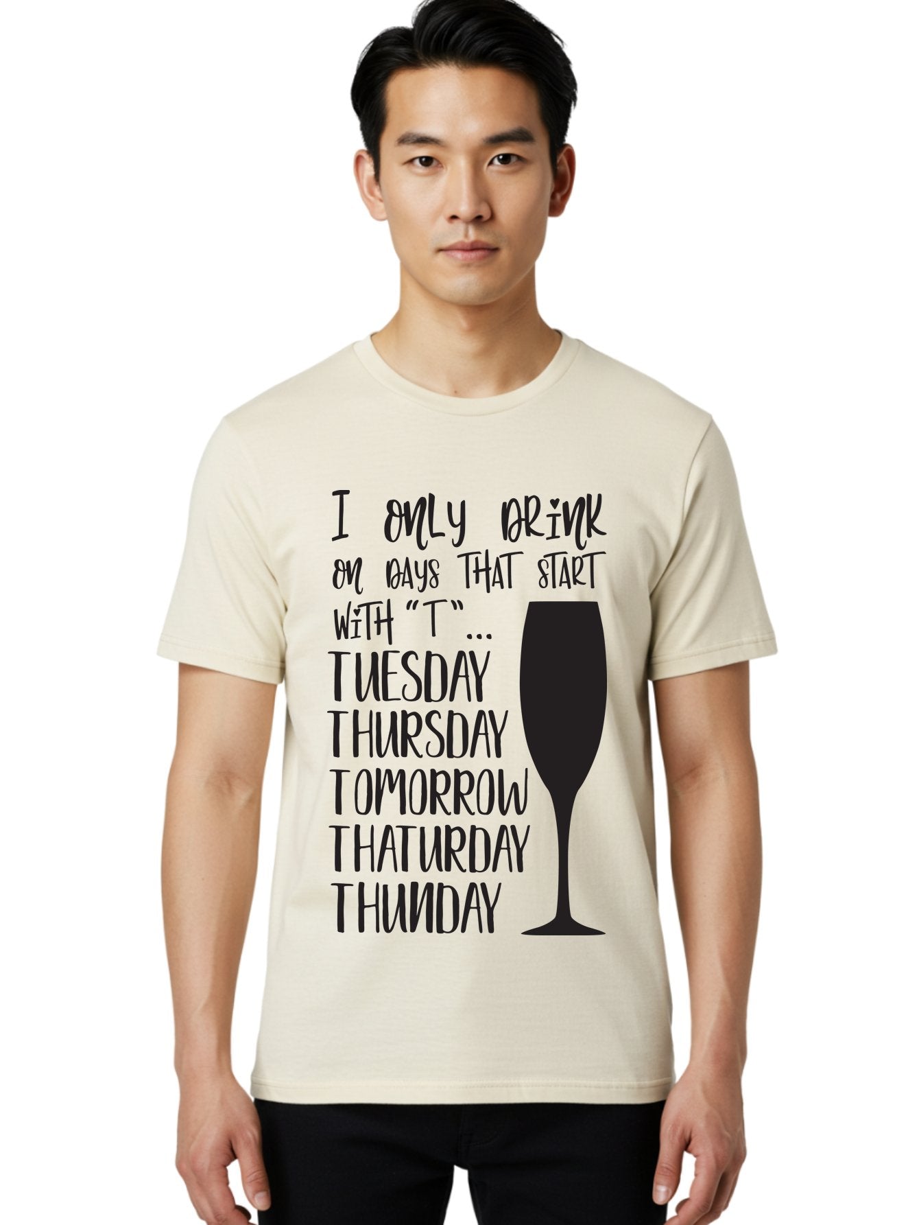 Days-That-Start-With-T Men'S Graphic Tee, 100% Cotton, Comfortable Casual Summer Wear, Machine Washable, Humorous Quote, Funny Saying, Wine Glass, Drinking Joke, Tuesday, Thursday, Tomorrow, That'Urday, Thunday, Playful Humor, Party Vibes, Aac628 29