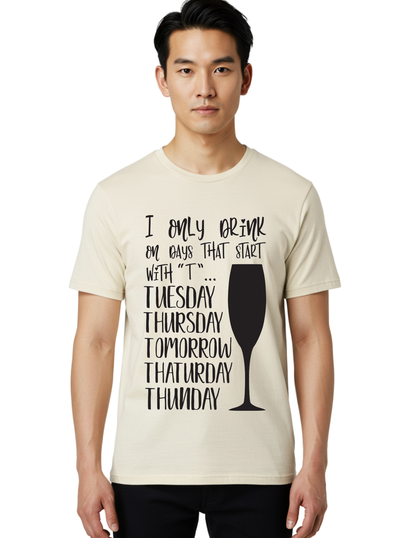 Days-That-Start-With-T Men'S Graphic Tee, 100% Cotton, Comfortable Casual Summer Wear, Machine Washable, Humorous Quote, Funny Saying, Wine Glass, Drinking Joke, Tuesday, Thursday, Tomorrow, That'Urday, Thunday, Playful Humor, Party Vibes, Aac628 4