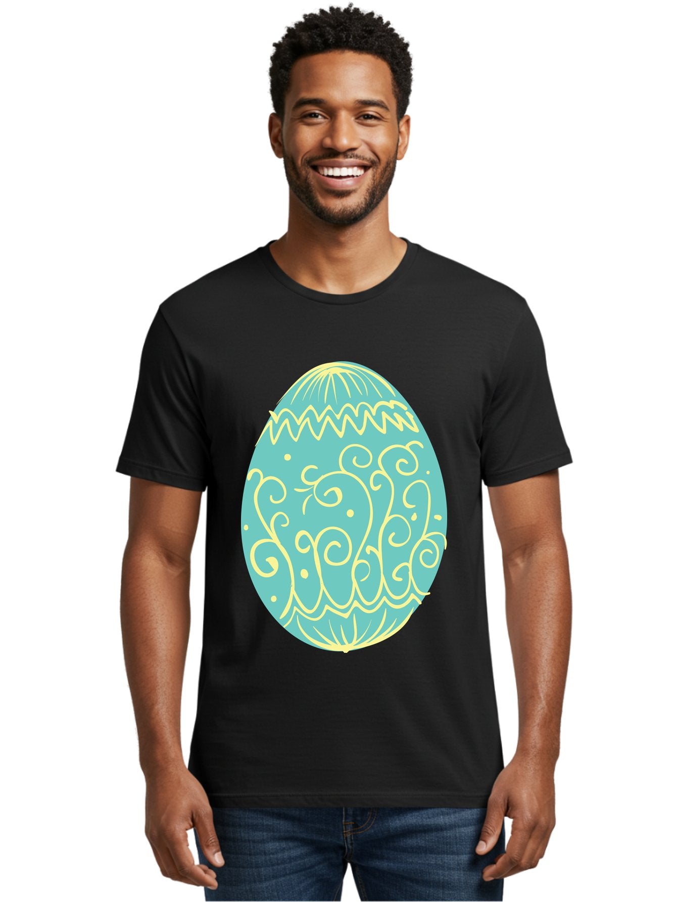 Decorated-Easter-Egg-1 Men'S Graphic Tee, 100% Cotton, Comfortable Casual Summer Wear, Machine Washable, Decorative Easter Egg, Yellow Swirls, Blue Egg, Festive Design, Spring Theme, Easter Symbol, Intricate Patterns, Abstract Art, Aac632 17