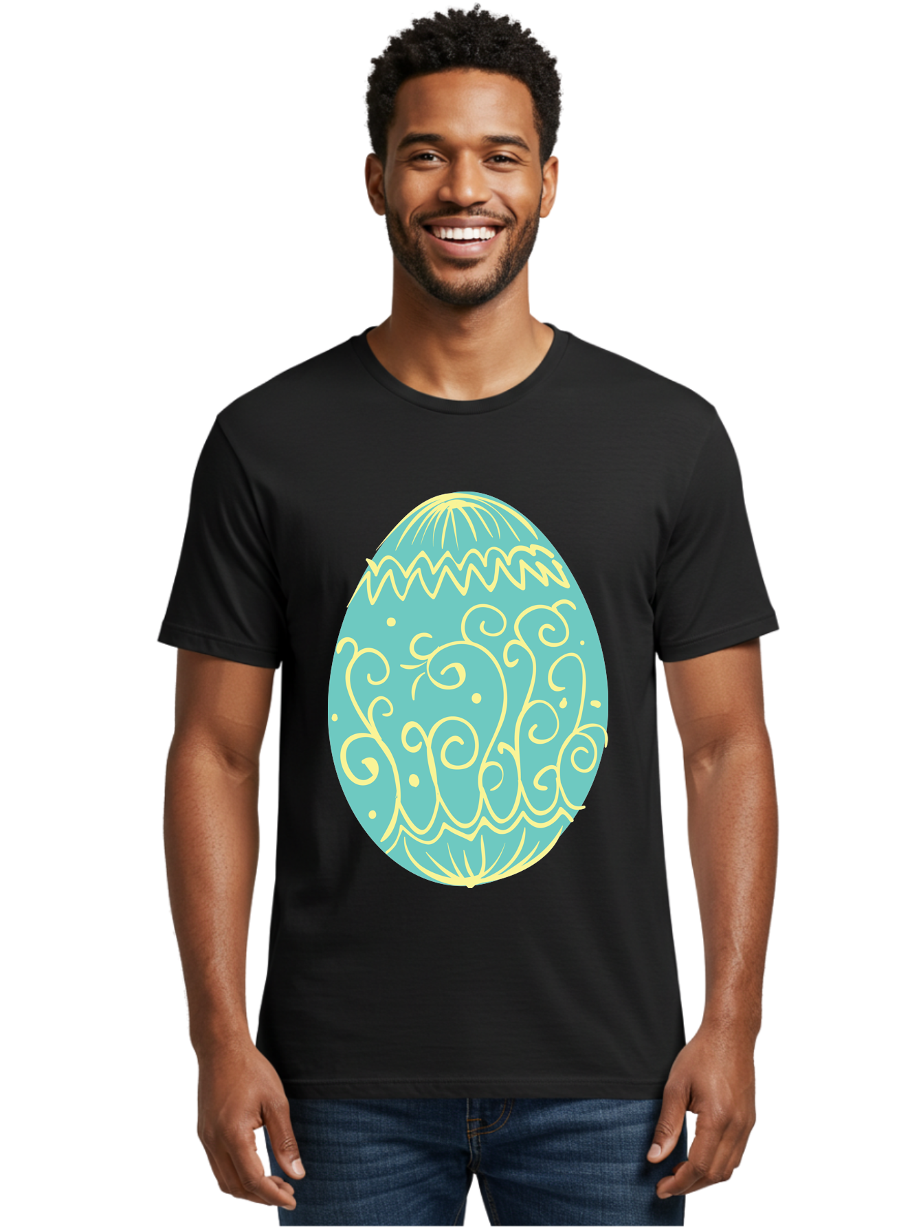 Decorated-Easter-Egg-1 Men'S Graphic Tee, 100% Cotton, Comfortable Casual Summer Wear, Machine Washable, Decorative Easter Egg, Yellow Swirls, Blue Egg, Festive Design, Spring Theme, Easter Symbol, Intricate Patterns, Abstract Art, Aac632 28