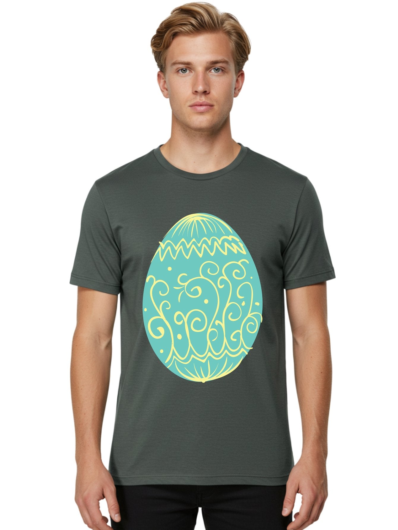 Decorated-Easter-Egg-1 Men'S Graphic Tee, 100% Cotton, Comfortable Casual Summer Wear, Machine Washable, Decorative Easter Egg, Yellow Swirls, Blue Egg, Festive Design, Spring Theme, Easter Symbol, Intricate Patterns, Abstract Art, Aac632 28