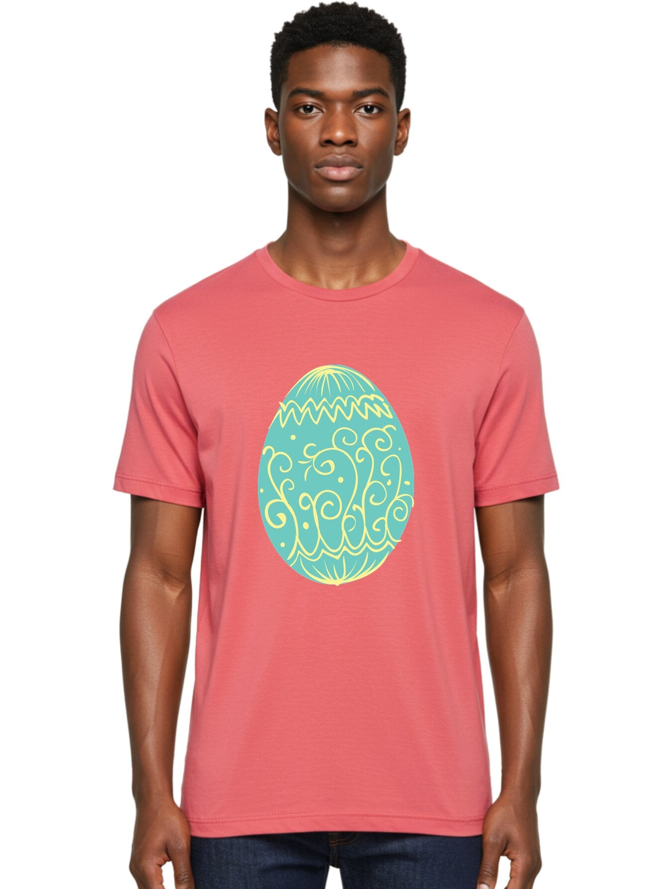 Decorated-Easter-Egg-1 Men'S Graphic Tee, 100% Cotton, Comfortable Casual Summer Wear, Machine Washable, Decorative Easter Egg, Yellow Swirls, Blue Egg, Festive Design, Spring Theme, Easter Symbol, Intricate Patterns, Abstract Art, Aac632 23