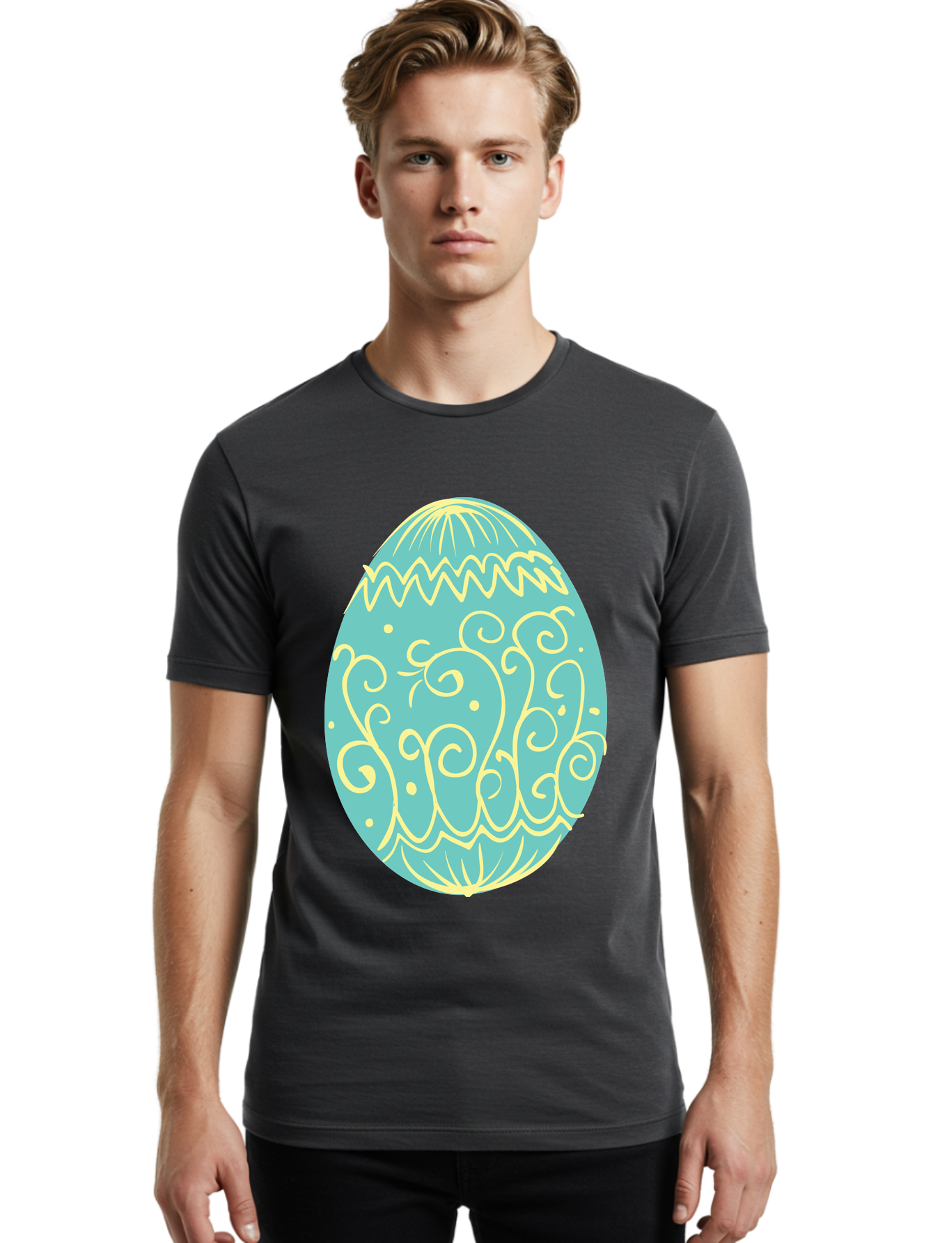 Decorated-Easter-Egg-1 Men'S Graphic Tee, 100% Cotton, Comfortable Casual Summer Wear, Machine Washable, Decorative Easter Egg, Yellow Swirls, Blue Egg, Festive Design, Spring Theme, Easter Symbol, Intricate Patterns, Abstract Art, Aac632