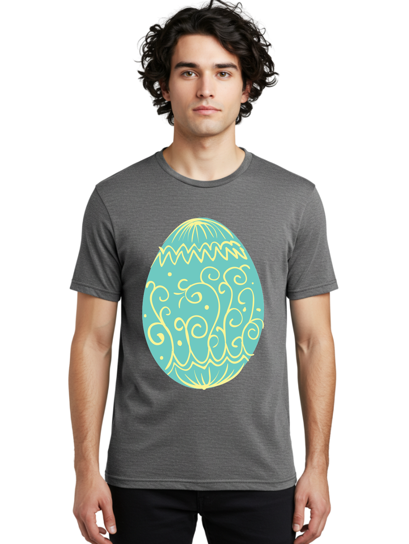 Decorated-Easter-Egg-1 Men'S Graphic Tee, 100% Cotton, Comfortable Casual Summer Wear, Machine Washable, Decorative Easter Egg, Yellow Swirls, Blue Egg, Festive Design, Spring Theme, Easter Symbol, Intricate Patterns, Abstract Art, Aac632 20