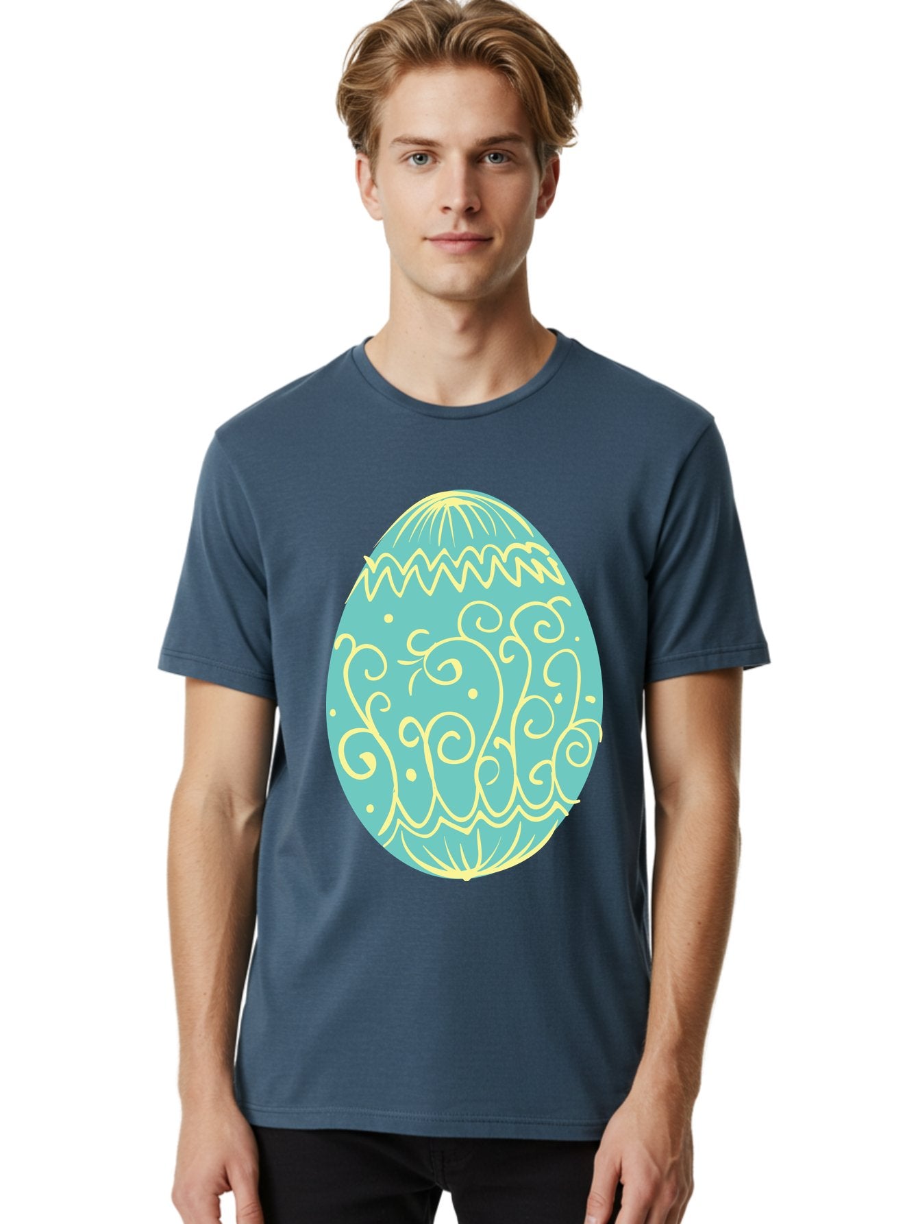 Decorated-Easter-Egg-1 Men'S Graphic Tee, 100% Cotton, Comfortable Casual Summer Wear, Machine Washable, Decorative Easter Egg, Yellow Swirls, Blue Egg, Festive Design, Spring Theme, Easter Symbol, Intricate Patterns, Abstract Art, Aac632 27