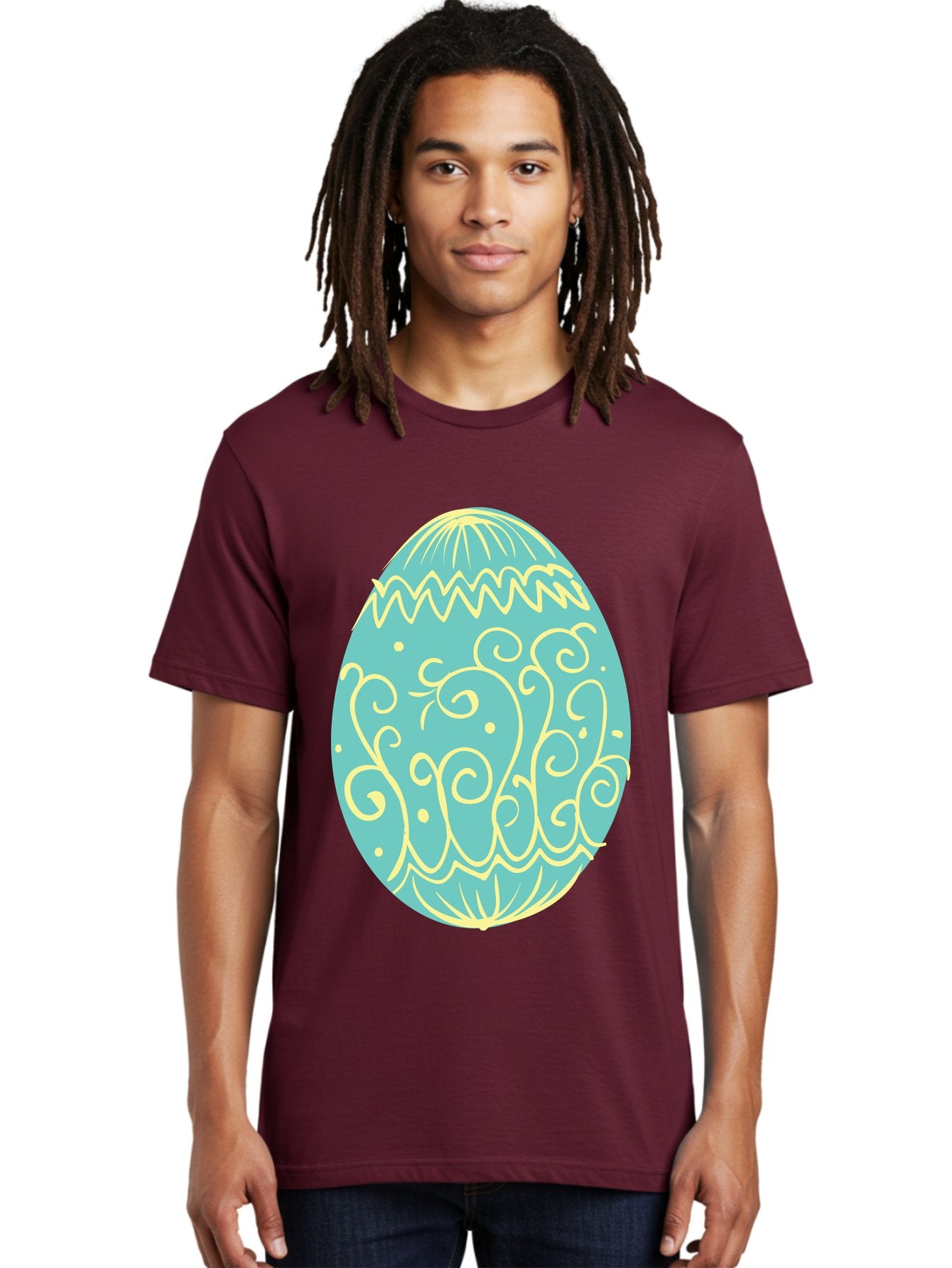 Decorated-Easter-Egg-1 Men'S Graphic Tee, 100% Cotton, Comfortable Casual Summer Wear, Machine Washable, Decorative Easter Egg, Yellow Swirls, Blue Egg, Festive Design, Spring Theme, Easter Symbol, Intricate Patterns, Abstract Art, Aac632 20