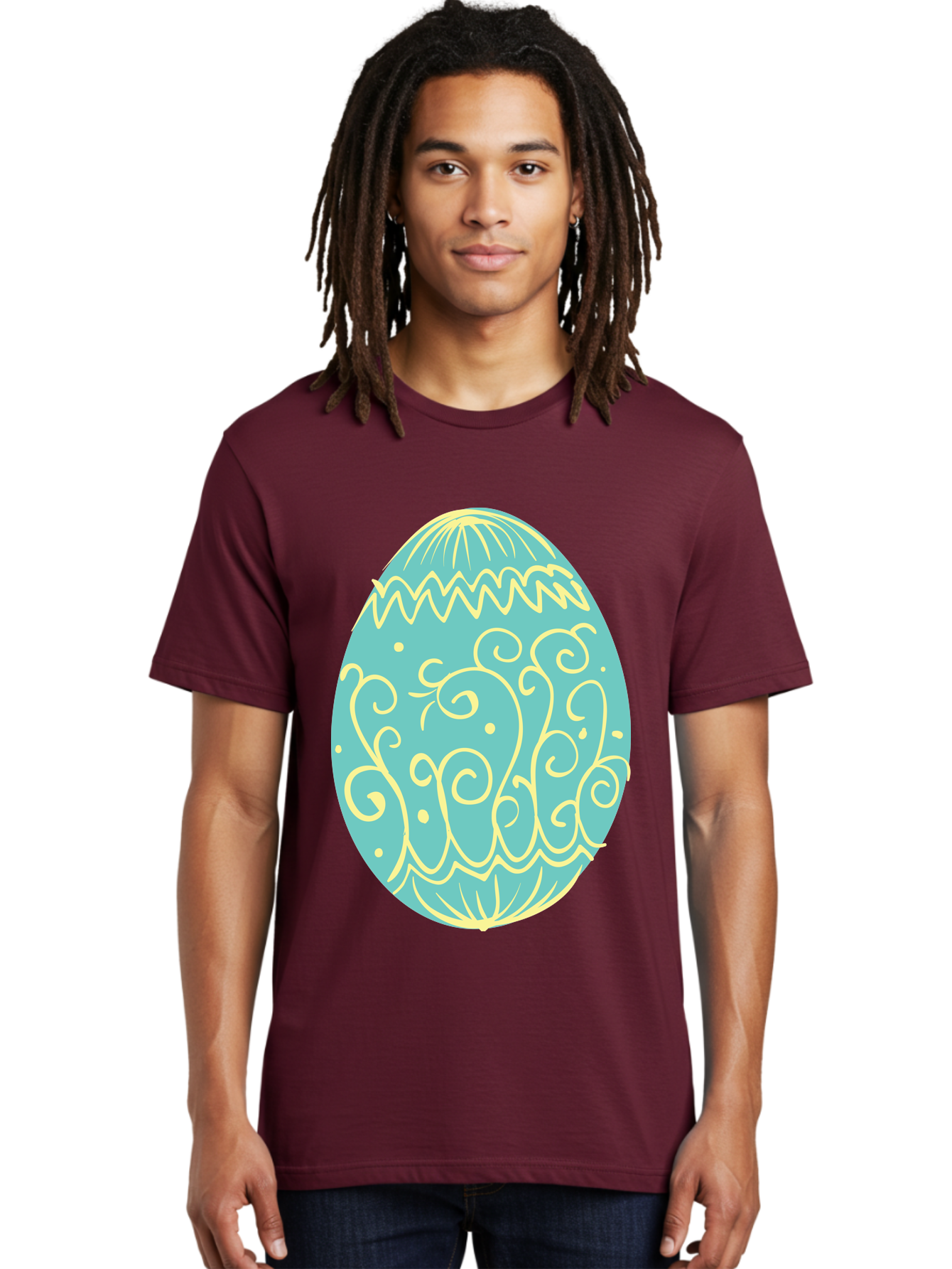 Decorated-Easter-Egg-1 Men'S Graphic Tee, 100% Cotton, Comfortable Casual Summer Wear, Machine Washable, Decorative Easter Egg, Yellow Swirls, Blue Egg, Festive Design, Spring Theme, Easter Symbol, Intricate Patterns, Abstract Art, Aac632 30