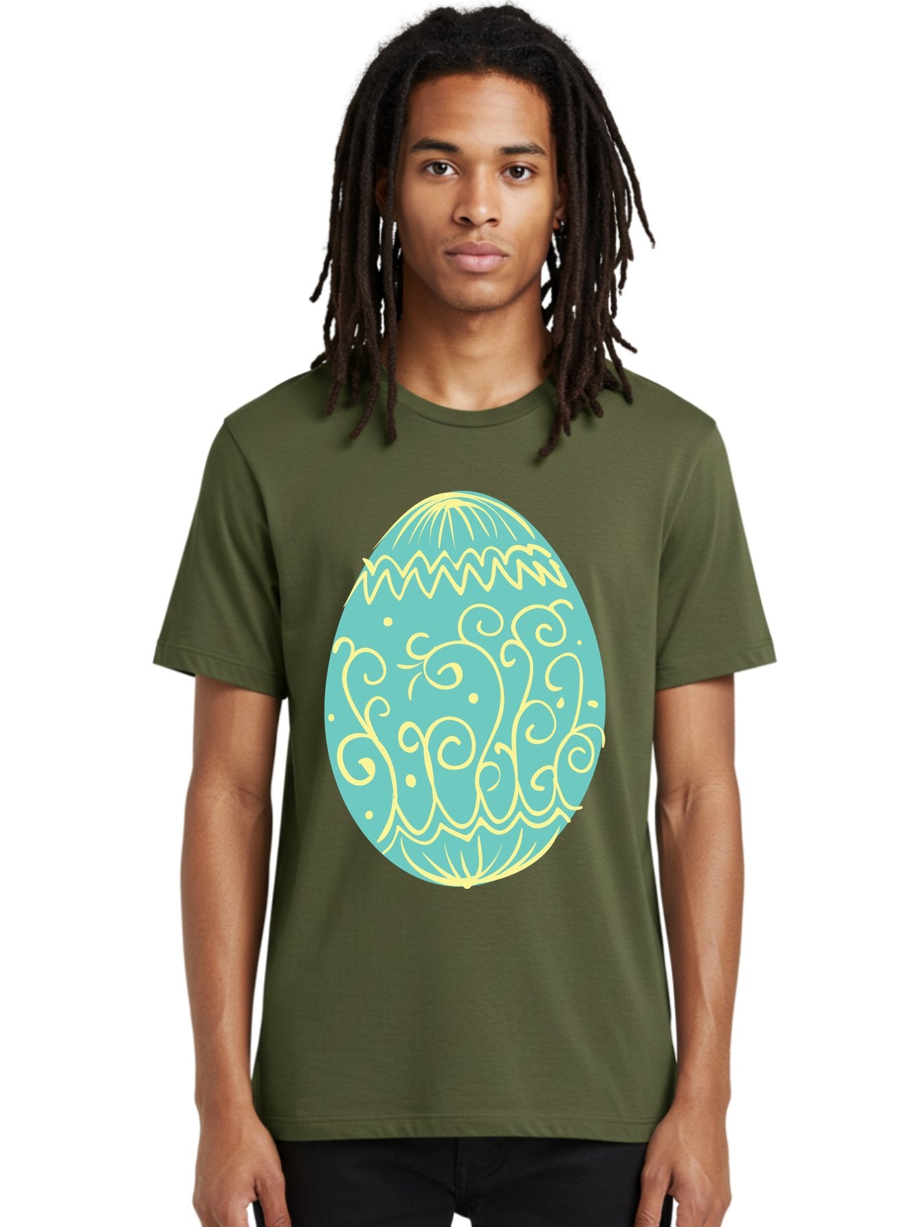 Decorated-Easter-Egg-1 Men'S Graphic Tee, 100% Cotton, Comfortable Casual Summer Wear, Machine Washable, Decorative Easter Egg, Yellow Swirls, Blue Egg, Festive Design, Spring Theme, Easter Symbol, Intricate Patterns, Abstract Art, Aac632 16