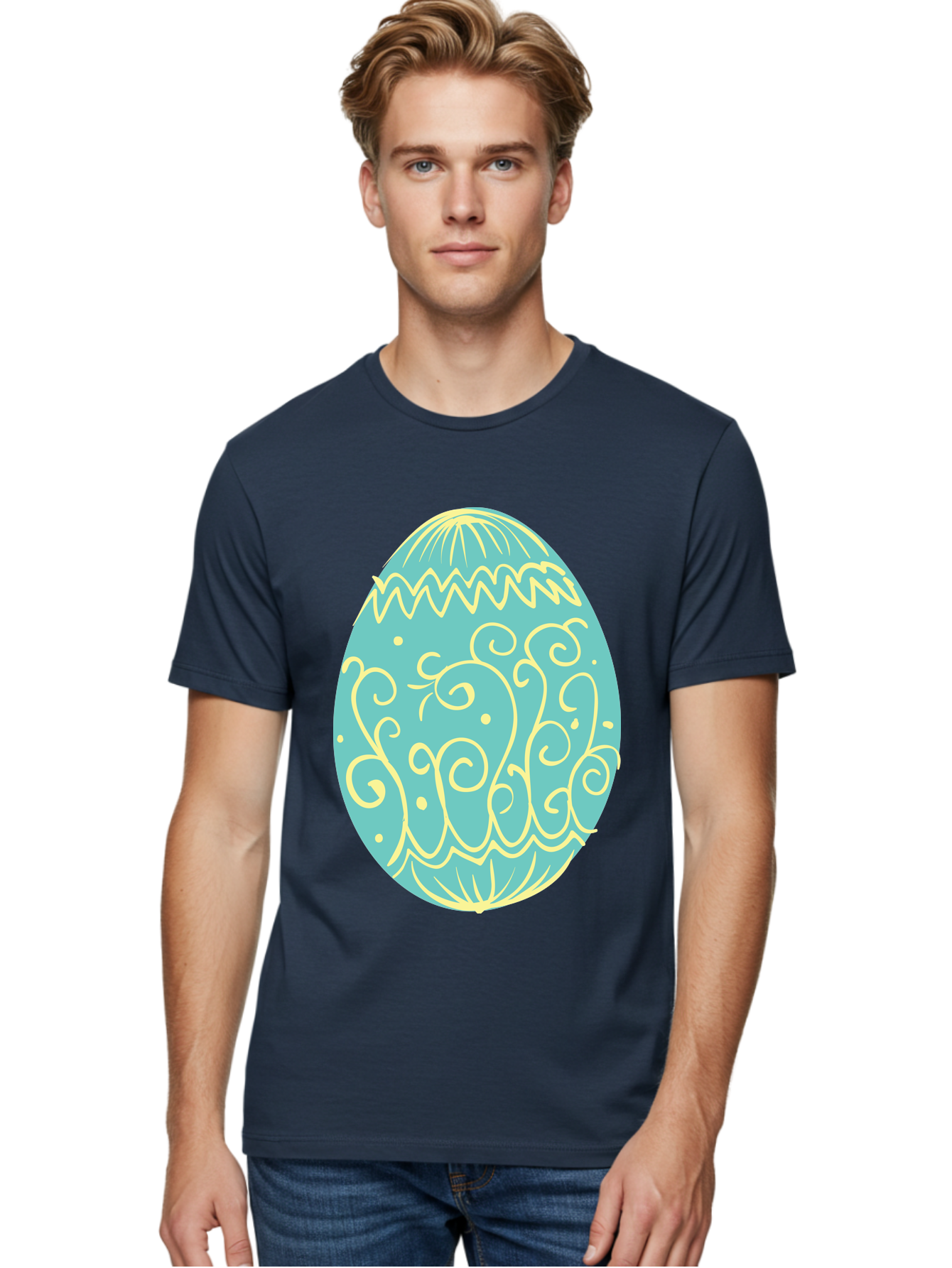 Decorated-Easter-Egg-1 Men'S Graphic Tee, 100% Cotton, Comfortable Casual Summer Wear, Machine Washable, Decorative Easter Egg, Yellow Swirls, Blue Egg, Festive Design, Spring Theme, Easter Symbol, Intricate Patterns, Abstract Art, Aac632 18