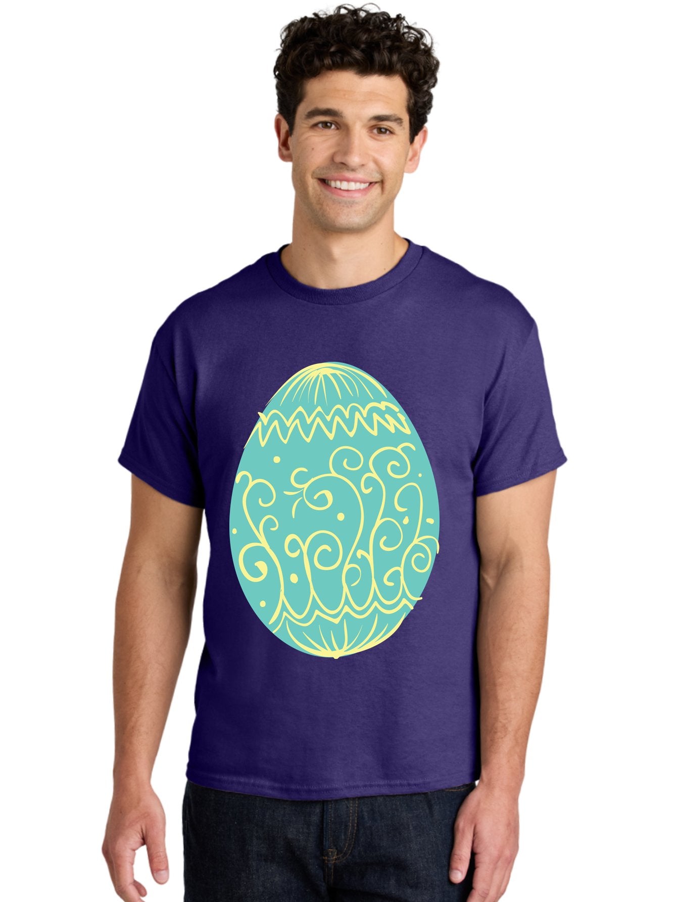 Decorated-Easter-Egg-1 Men'S Graphic Tee, 100% Cotton, Comfortable Casual Summer Wear, Machine Washable, Decorative Easter Egg, Yellow Swirls, Blue Egg, Festive Design, Spring Theme, Easter Symbol, Intricate Patterns, Abstract Art, Aac632 19