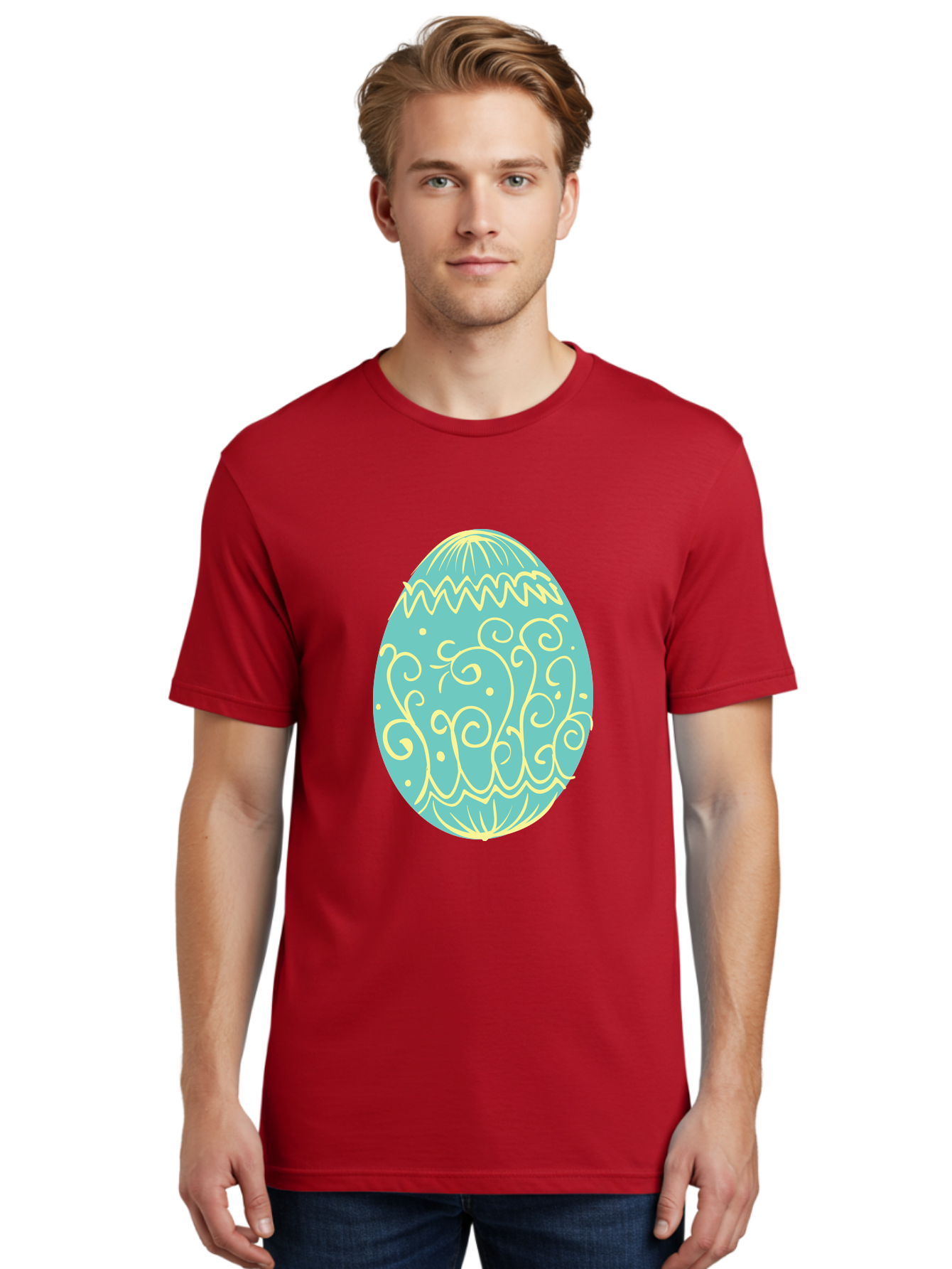 Decorated-Easter-Egg-1 Men'S Graphic Tee, 100% Cotton, Comfortable Casual Summer Wear, Machine Washable, Decorative Easter Egg, Yellow Swirls, Blue Egg, Festive Design, Spring Theme, Easter Symbol, Intricate Patterns, Abstract Art, Aac632 24