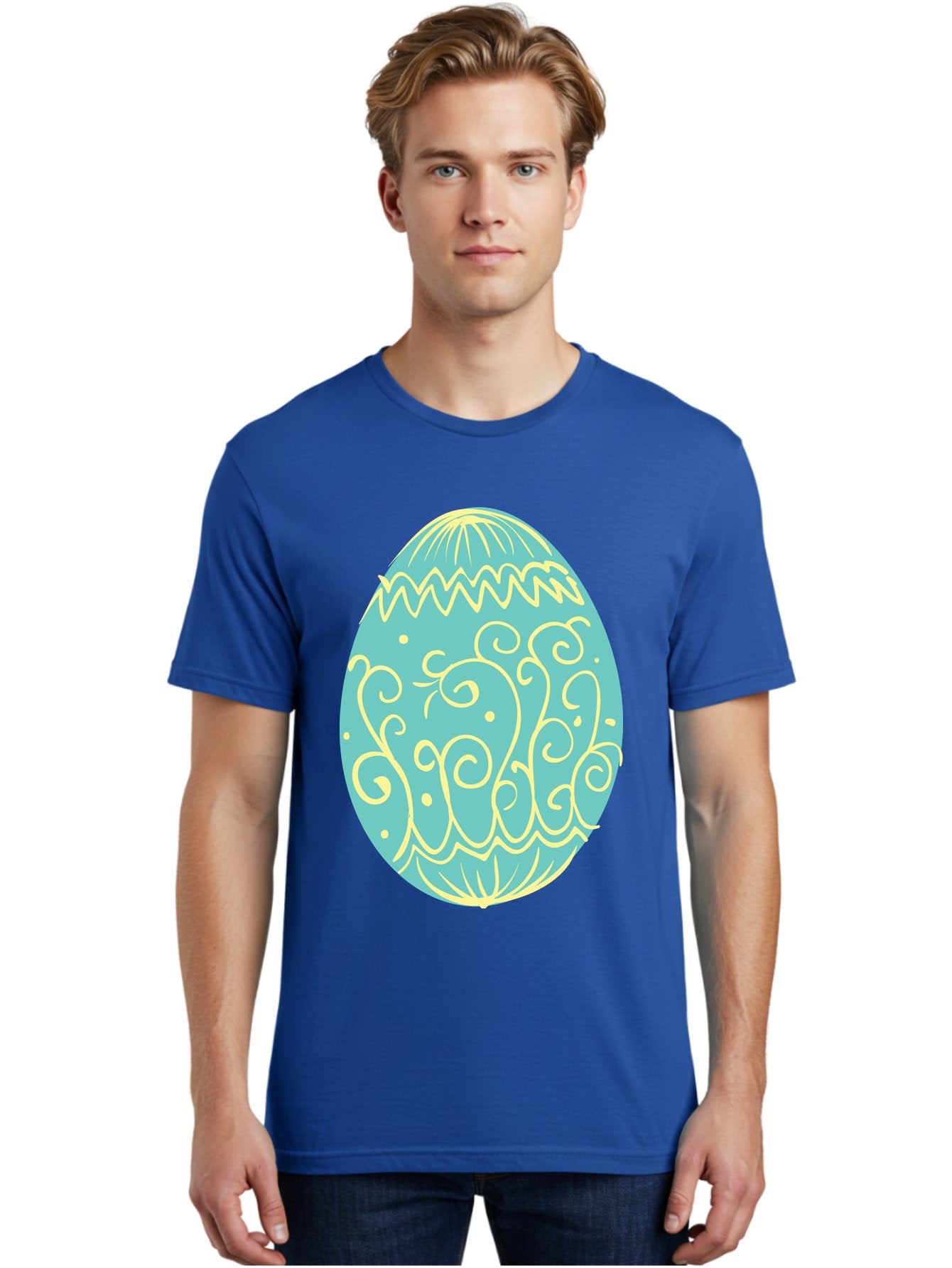 Decorated-Easter-Egg-1 Men'S Graphic Tee, 100% Cotton, Comfortable Casual Summer Wear, Machine Washable, Decorative Easter Egg, Yellow Swirls, Blue Egg, Festive Design, Spring Theme, Easter Symbol, Intricate Patterns, Abstract Art, Aac632 25