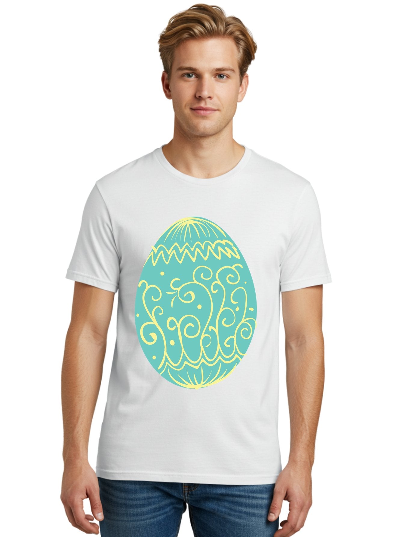 Decorated-Easter-Egg-1 Men'S Graphic Tee, 100% Cotton, Comfortable Casual Summer Wear, Machine Washable, Decorative Easter Egg, Yellow Swirls, Blue Egg, Festive Design, Spring Theme, Easter Symbol, Intricate Patterns, Abstract Art, Aac632 26