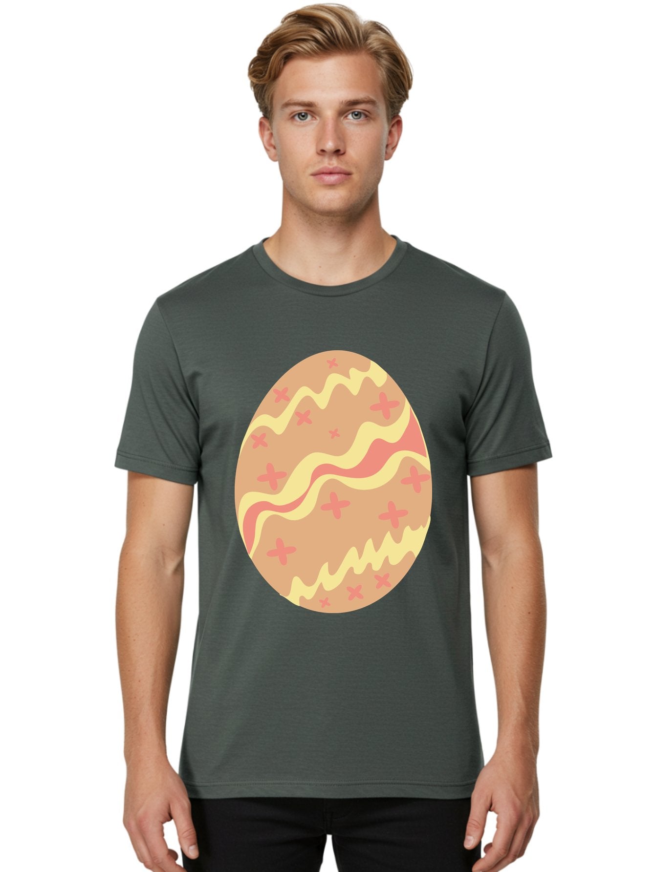 Decorated-Easter-Egg Men'S Graphic Tee, 100% Cotton, Comfortable Casual Summer Wear, Machine Washable, Easter Egg, Decorated Egg, Pastel Colors, Pink And Yellow Design, Cross Patterns, Wavy Lines, Spring Theme, Easter Decoration, Festive Egg Aac634 20