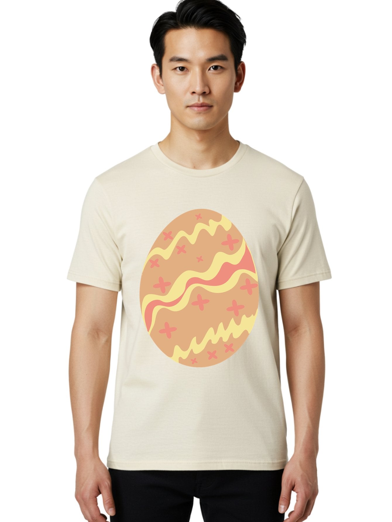 Decorated-Easter-Egg Men'S Graphic Tee, 100% Cotton, Comfortable Casual Summer Wear, Machine Washable, Easter Egg, Decorated Egg, Pastel Colors, Pink And Yellow Design, Cross Patterns, Wavy Lines, Spring Theme, Easter Decoration, Festive Egg Aac634 19