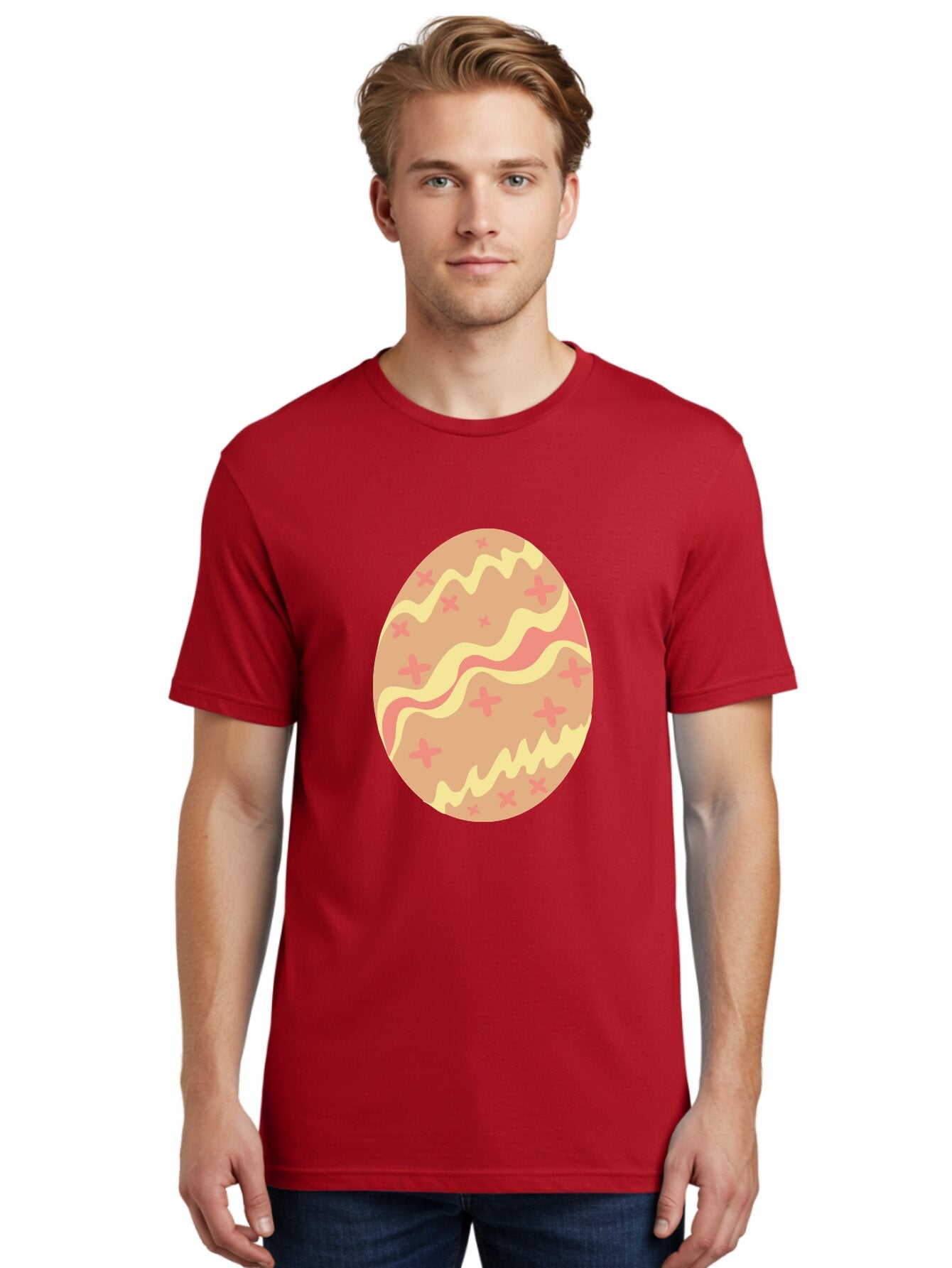 Decorated-Easter-Egg Men'S Graphic Tee, 100% Cotton, Comfortable Casual Summer Wear, Machine Washable, Easter Egg, Decorated Egg, Pastel Colors, Pink And Yellow Design, Cross Patterns, Wavy Lines, Spring Theme, Easter Decoration, Festive Egg Aac634 23