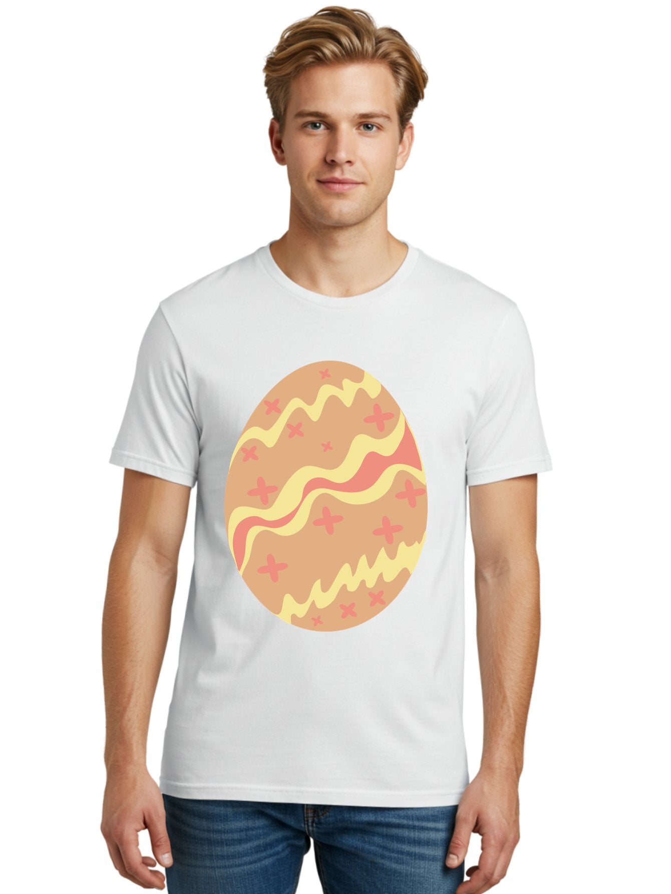 Decorated-Easter-Egg Men'S Graphic Tee, 100% Cotton, Comfortable Casual Summer Wear, Machine Washable, Easter Egg, Decorated Egg, Pastel Colors, Pink And Yellow Design, Cross Patterns, Wavy Lines, Spring Theme, Easter Decoration, Festive Egg Aac634 28