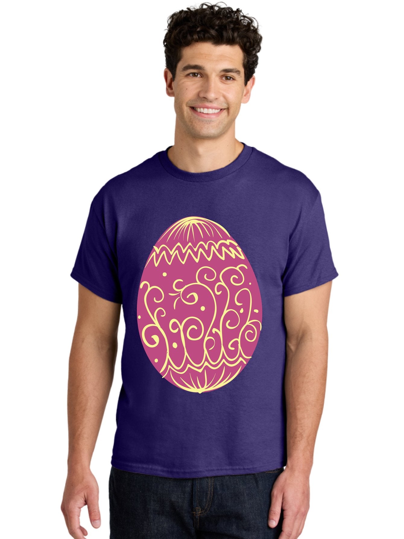 Decorated-Egg Men'S Graphic Tee, 100% Cotton, Comfortable Casual Summer Wear, Machine Washable, Decorated Easter Egg, Purple And Gold, Intricate Designs, Swirling Patterns, Festive Colors, Easter Celebration, Spring Decoration, Ornate Egg Aac635 22