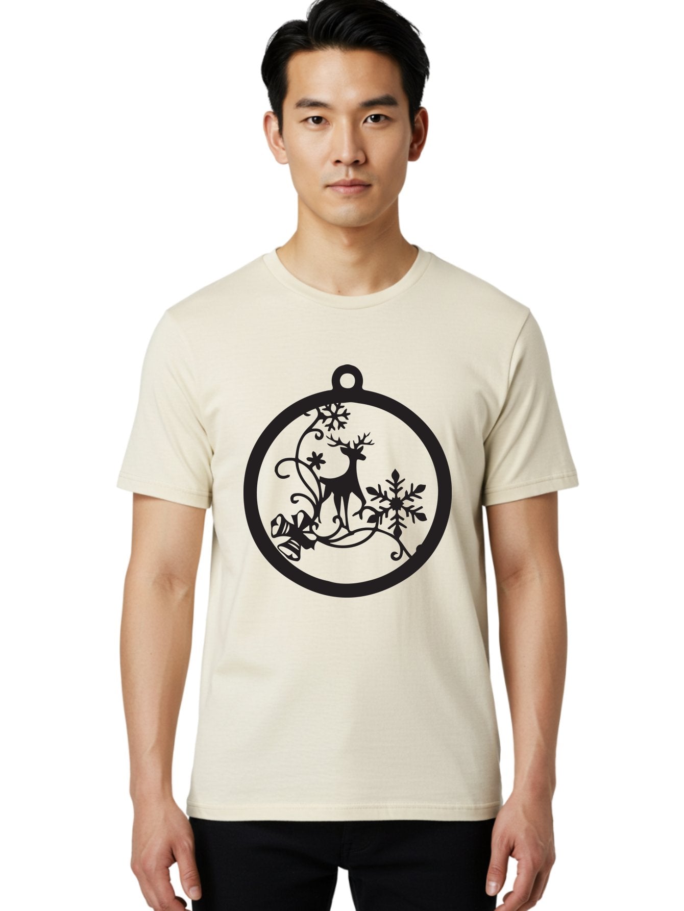 Deer-And-Snowflakes-Ornament Men'S Graphic Tee, 100% Cotton, Comfortable Casual Summer Wear, Machine Washable, Reindeer Silhouette, Christmas Decoration, Festive Design, Winter Wonderland, Holiday Decor, Snowflakes, Leaves, Aac637 24