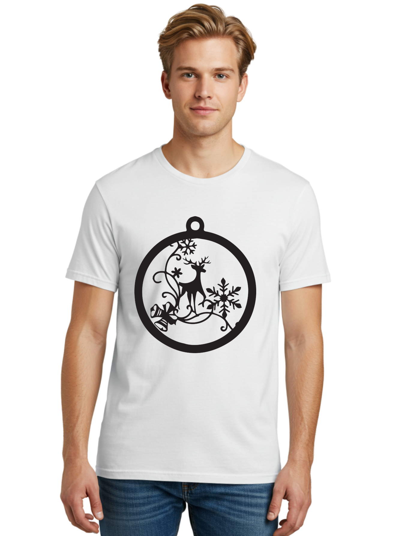 Deer-And-Snowflakes-Ornament Men'S Graphic Tee, 100% Cotton, Comfortable Casual Summer Wear, Machine Washable, Reindeer Silhouette, Christmas Decoration, Festive Design, Winter Wonderland, Holiday Decor, Snowflakes, Leaves, Aac637 26