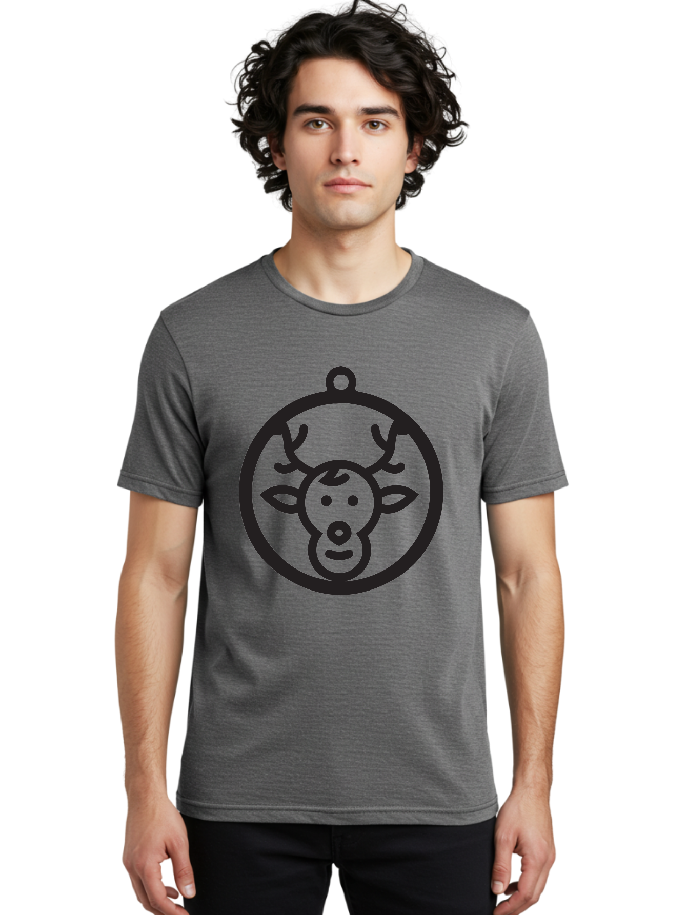 Deer-Head-Ornament Men'S Graphic Tee, 100% Cotton, Comfortable Casual Summer Wear, Machine Washable, Reindeer Face, Minimalist Design, Festive Decoration, Christmas Symbol, Holiday Theme, Cartoon Deer, Simple Illustration, Ornament Shape Aac640