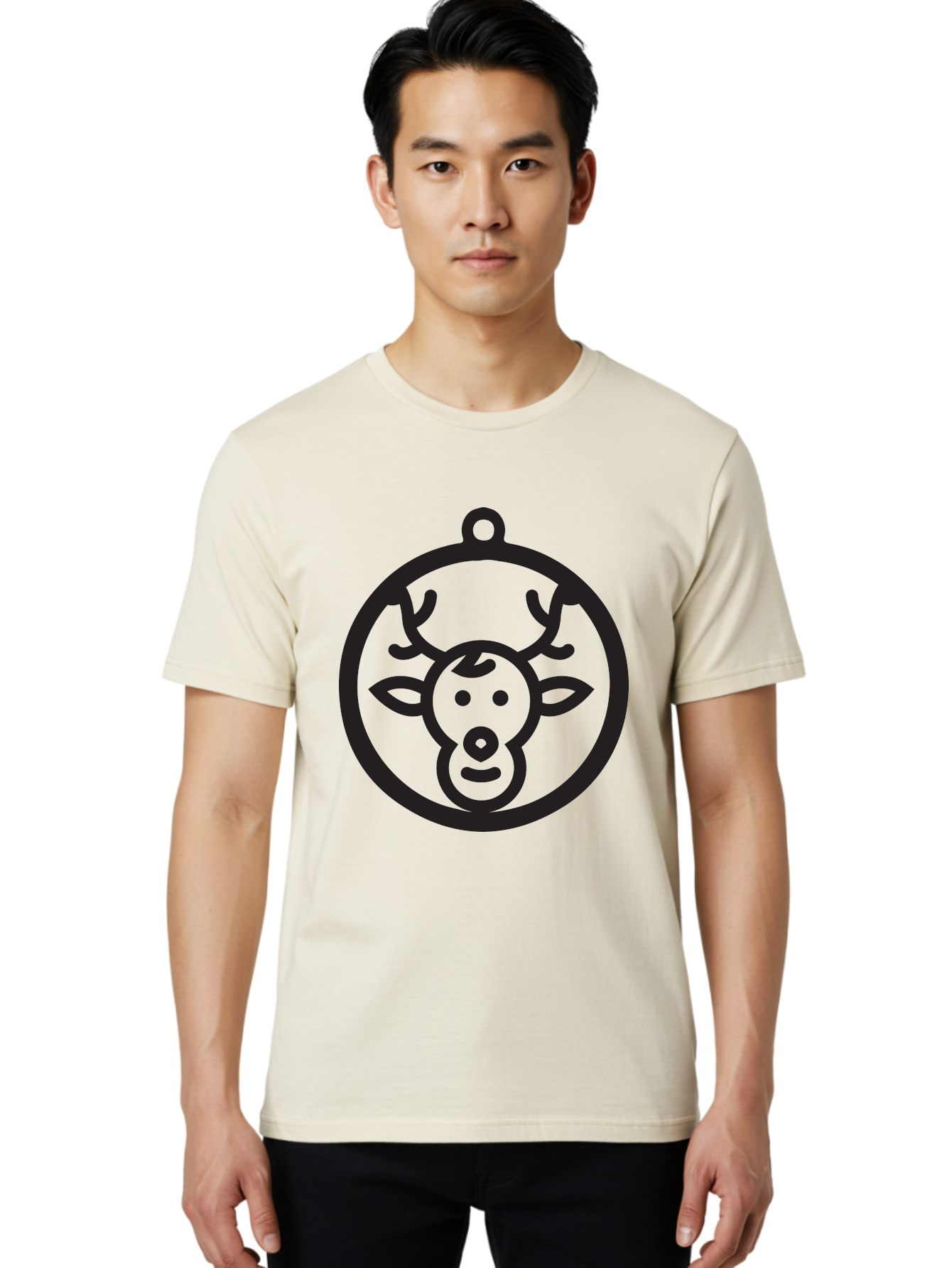 Deer-Head-Ornament Men'S Graphic Tee, 100% Cotton, Comfortable Casual Summer Wear, Machine Washable, Reindeer Face, Minimalist Design, Festive Decoration, Christmas Symbol, Holiday Theme, Cartoon Deer, Simple Illustration, Ornament Shape Aac640 30