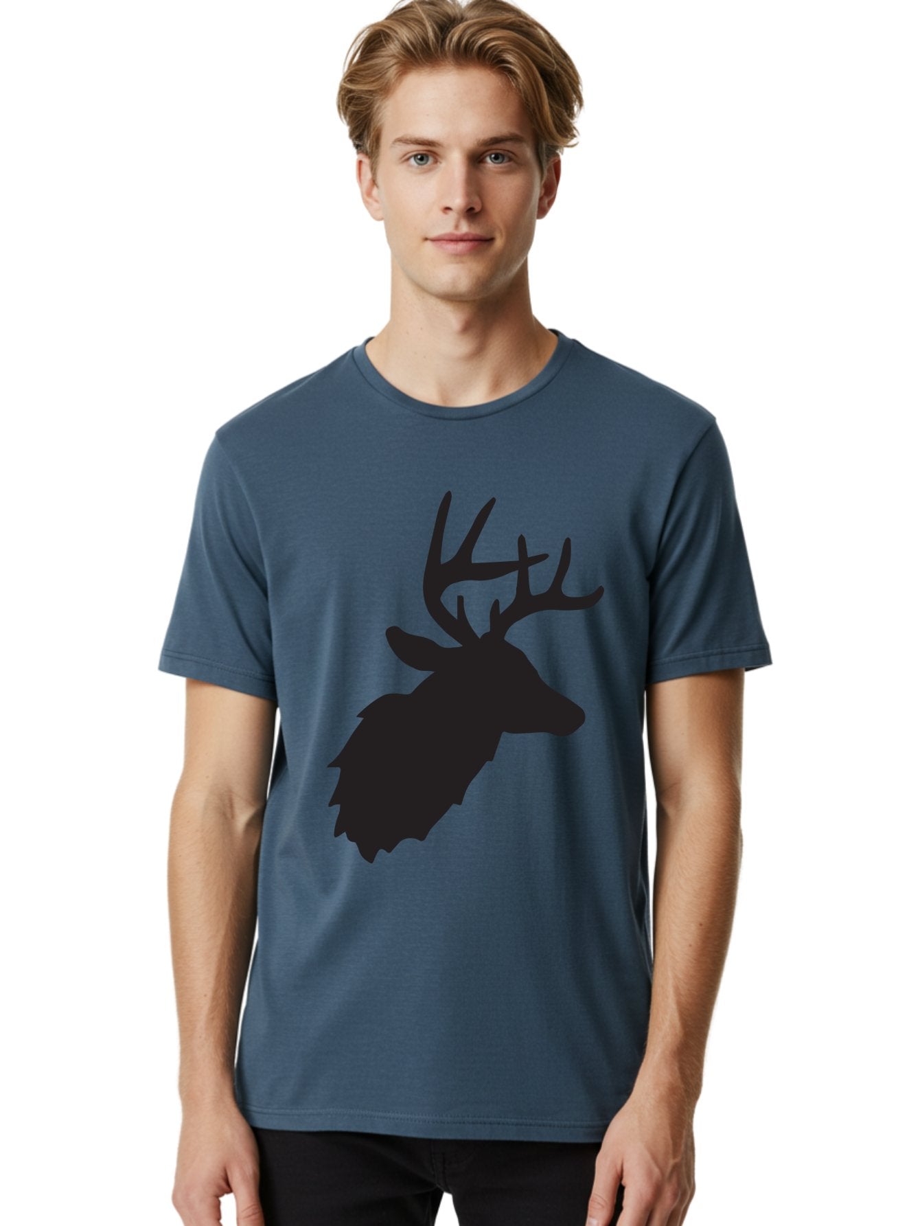 Deer-Head-Silhouette Men'S Graphic Tee, 100% Cotton, Comfortable Casual Summer Wear, Machine Washable, Elk Silhouette, Wildlife Art, Majestic Animal, Forest Creature, Hunting Symbol, Nature Icon, Graphic Design, Simple Illustration, Aac641 27