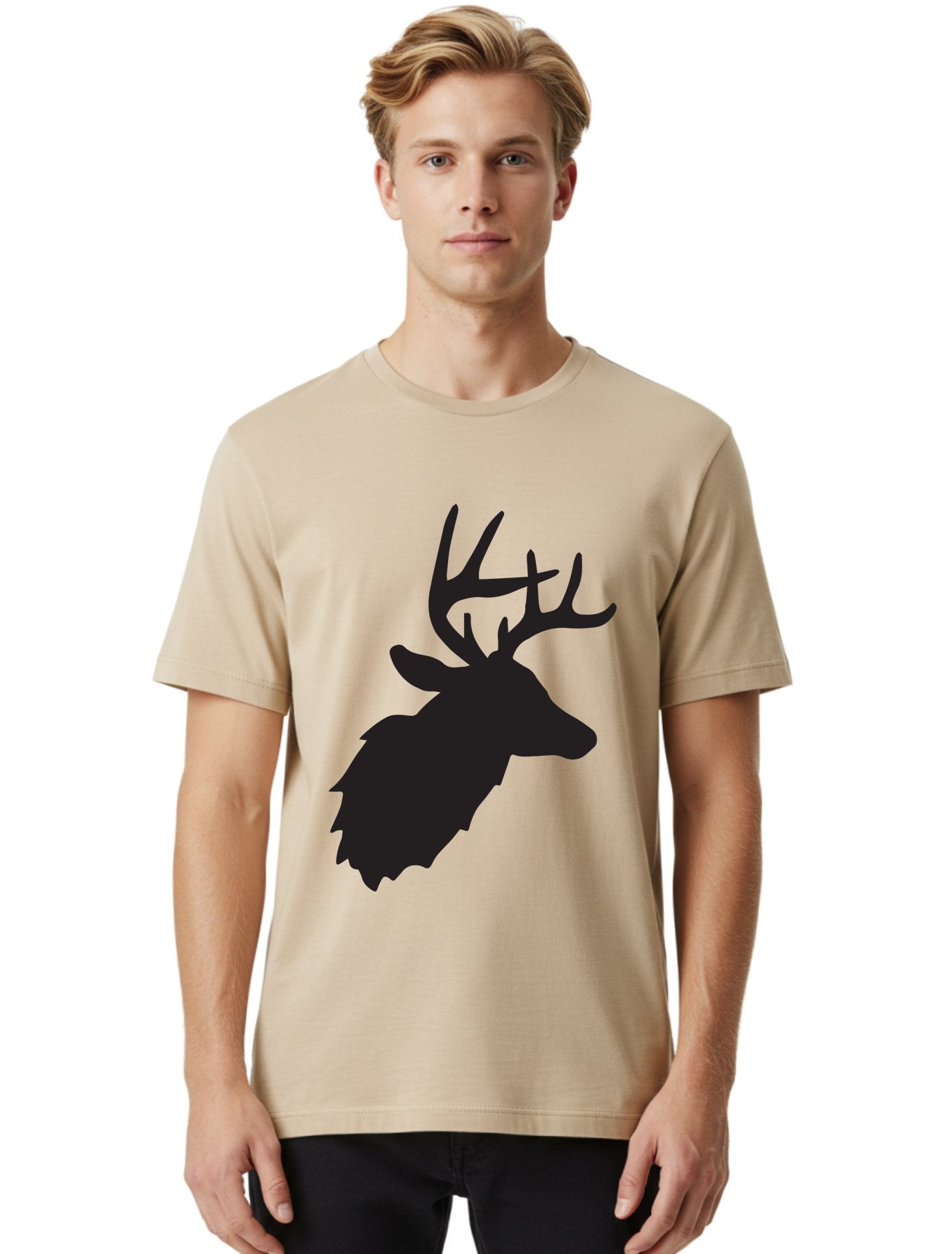Deer-Head-Silhouette Men'S Graphic Tee, 100% Cotton, Comfortable Casual Summer Wear, Machine Washable, Elk Silhouette, Wildlife Art, Majestic Animal, Forest Creature, Hunting Symbol, Nature Icon, Graphic Design, Simple Illustration, Aac641 21
