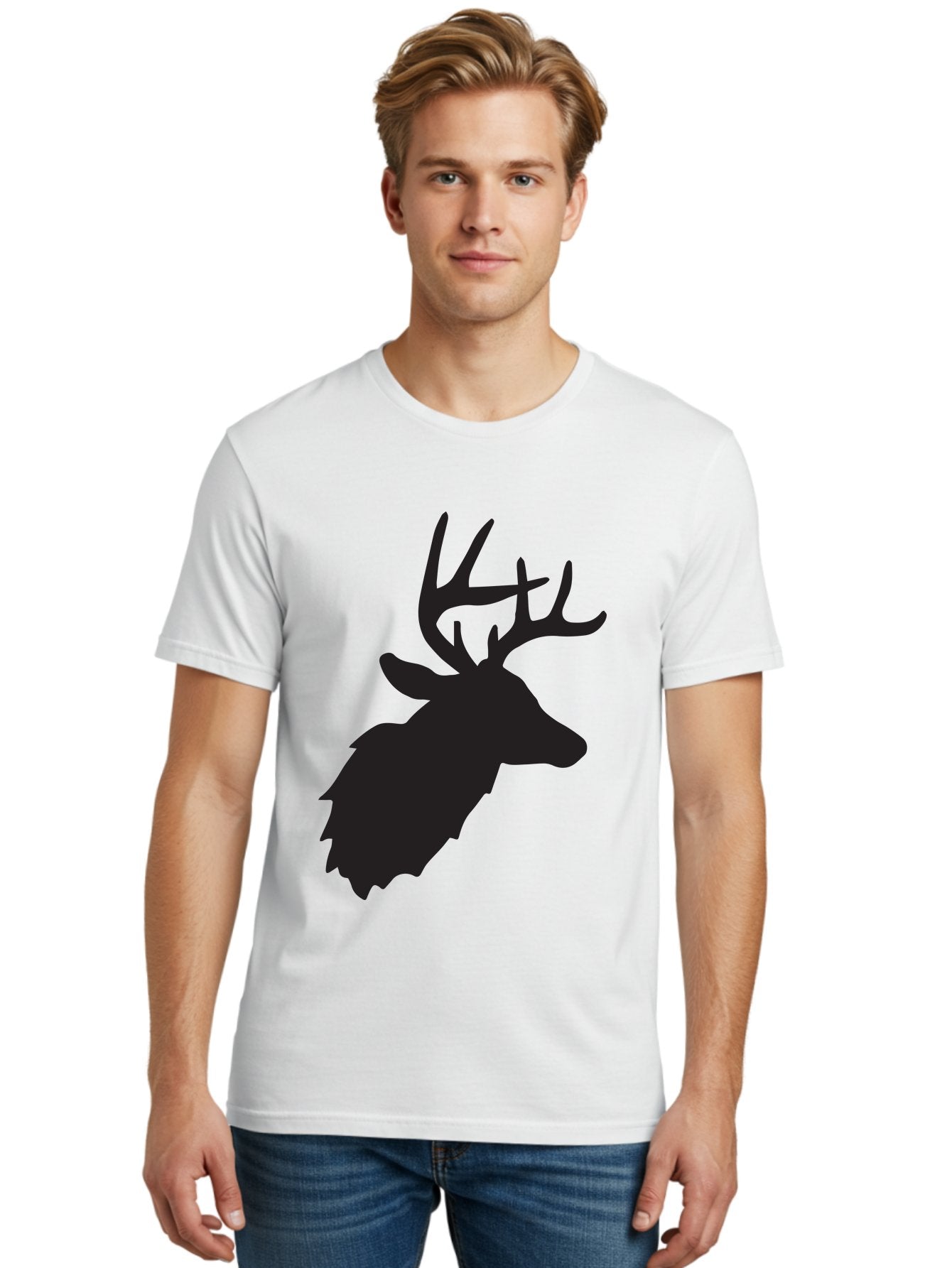 Deer-Head-Silhouette Men'S Graphic Tee, 100% Cotton, Comfortable Casual Summer Wear, Machine Washable, Elk Silhouette, Wildlife Art, Majestic Animal, Forest Creature, Hunting Symbol, Nature Icon, Graphic Design, Simple Illustration, Aac641 23
