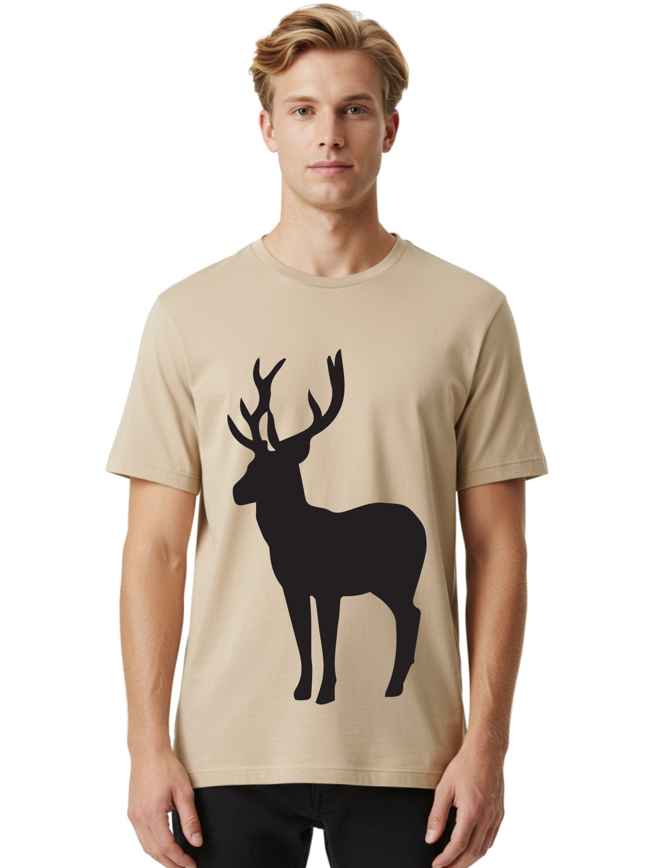 Deer-Silhouette-2 Men'S Graphic Tee, 100% Cotton, Comfortable Casual Summer Wear, Machine Washable, Deer Silhouette, Stag Illustration, Antlered Animal, Wildlife Graphic, Majestic Deer, Forest Creature, Simple Design, Minimalist Art, Aac643 30