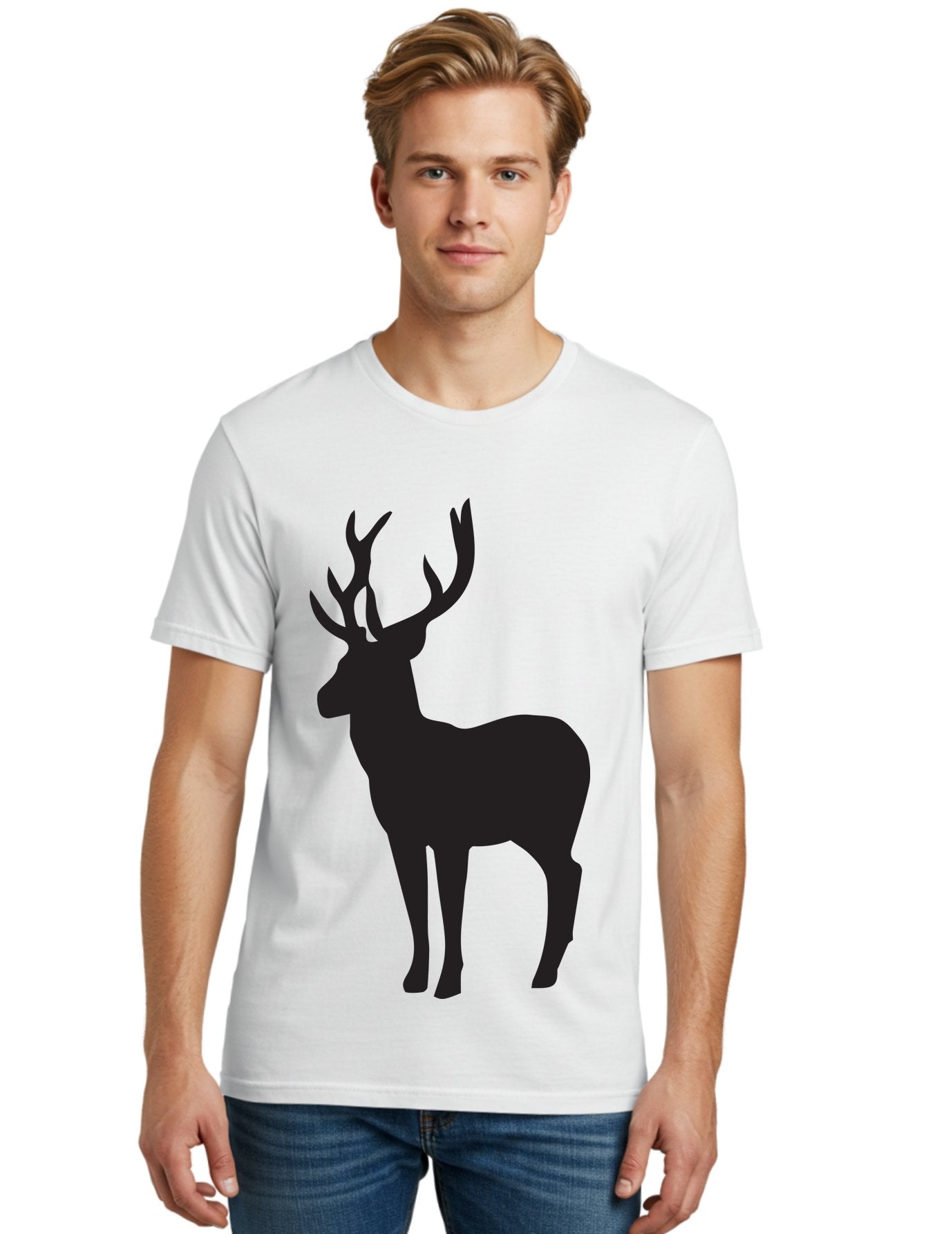 Deer-Silhouette-2 Men'S Graphic Tee, 100% Cotton, Comfortable Casual Summer Wear, Machine Washable, Deer Silhouette, Stag Illustration, Antlered Animal, Wildlife Graphic, Majestic Deer, Forest Creature, Simple Design, Minimalist Art, Aac643 27