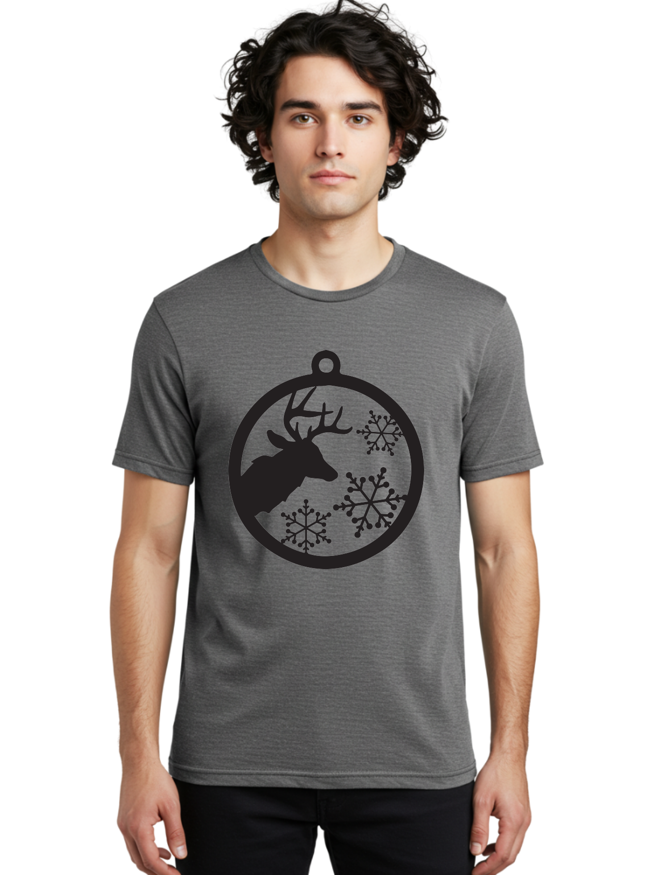 Deer-Snowflakes-Ornament Men'S Graphic Tee, 100% Cotton, Comfortable Casual Summer Wear, Machine Washable, Deer Silhouette, Snowflakes, Christmas Ornament, Winter Decoration, Festive Design, Holiday Decor, Wildlife Theme, Aac646 12