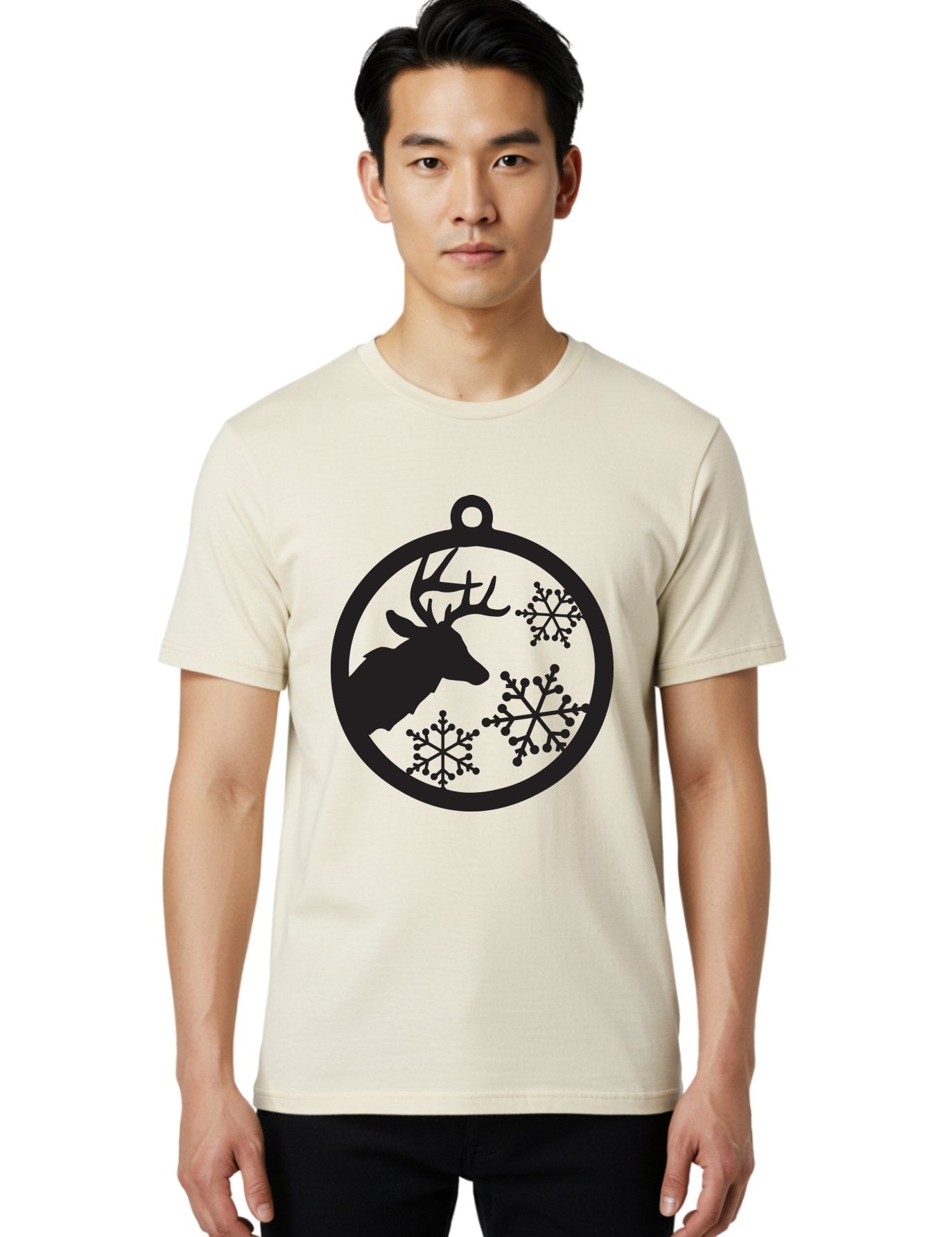 Deer-Snowflakes-Ornament Men'S Graphic Tee, 100% Cotton, Comfortable Casual Summer Wear, Machine Washable, Deer Silhouette, Snowflakes, Christmas Ornament, Winter Decoration, Festive Design, Holiday Decor, Wildlife Theme, Aac646 30