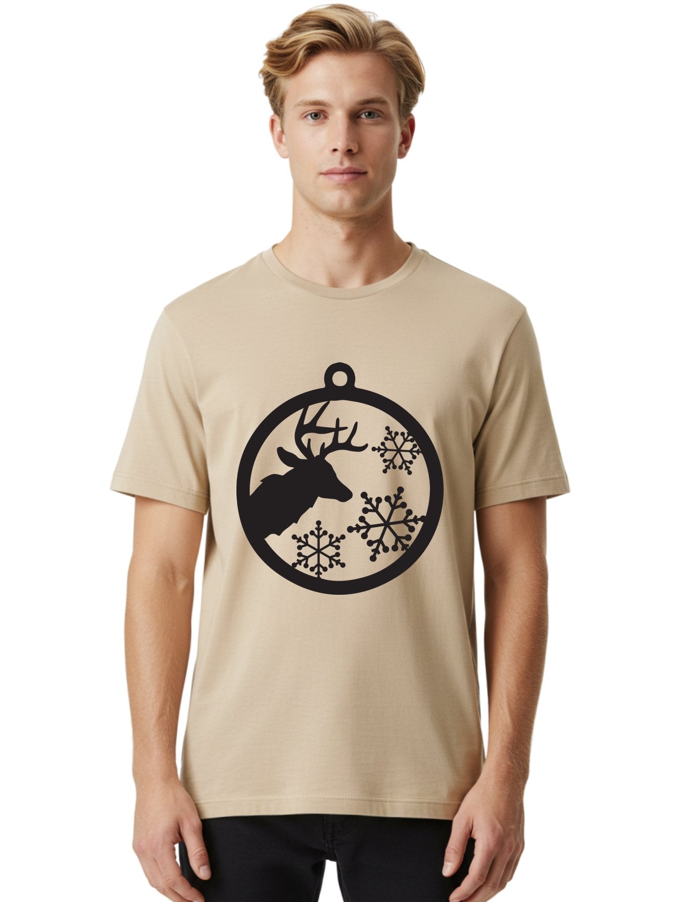 Deer-Snowflakes-Ornament Men'S Graphic Tee, 100% Cotton, Comfortable Casual Summer Wear, Machine Washable, Deer Silhouette, Snowflakes, Christmas Ornament, Winter Decoration, Festive Design, Holiday Decor, Wildlife Theme, Aac646 22
