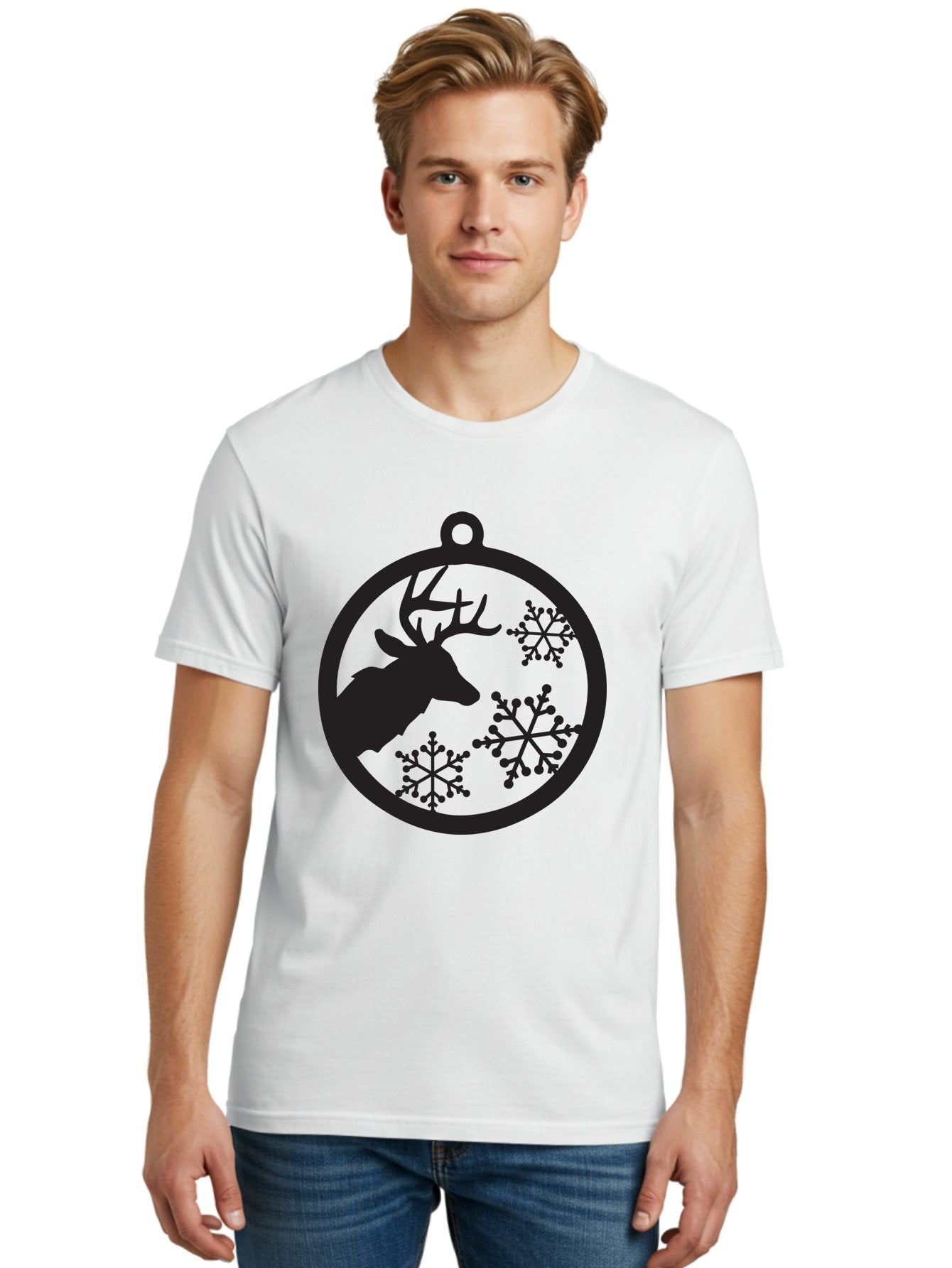 Deer-Snowflakes-Ornament Men'S Graphic Tee, 100% Cotton, Comfortable Casual Summer Wear, Machine Washable, Deer Silhouette, Snowflakes, Christmas Ornament, Winter Decoration, Festive Design, Holiday Decor, Wildlife Theme, Aac646 19