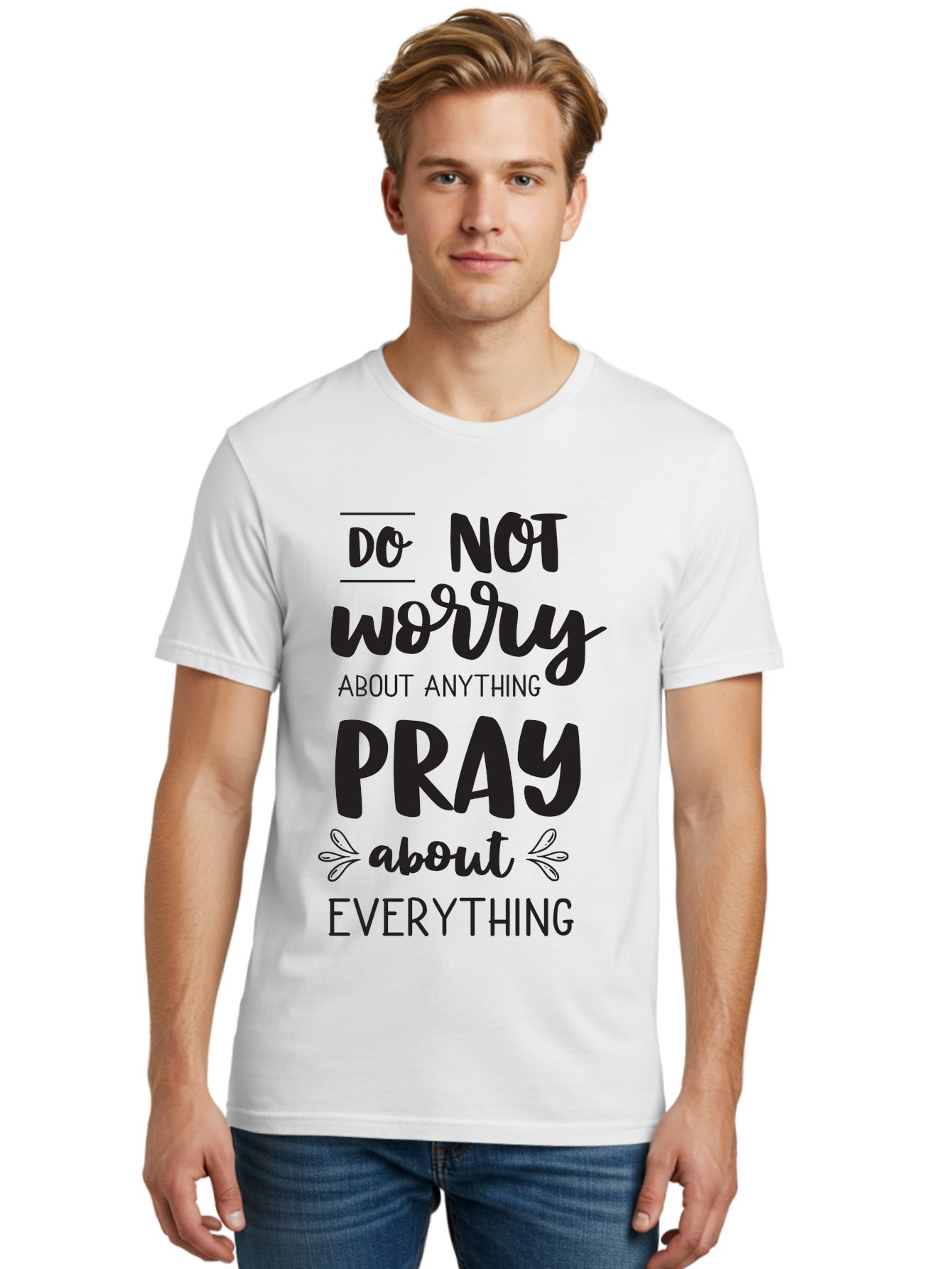 Do-Not-Worry-About-Anything-Pray-About-Everything Men'S Graphic Tee, 100% Cotton, Comfortable Casual Summer Wear, Machine Washable, Inspirational Quote, Motivational Phrase, Do Not Worry, Pray About Everything, Faith-Based Message, Aac650 24