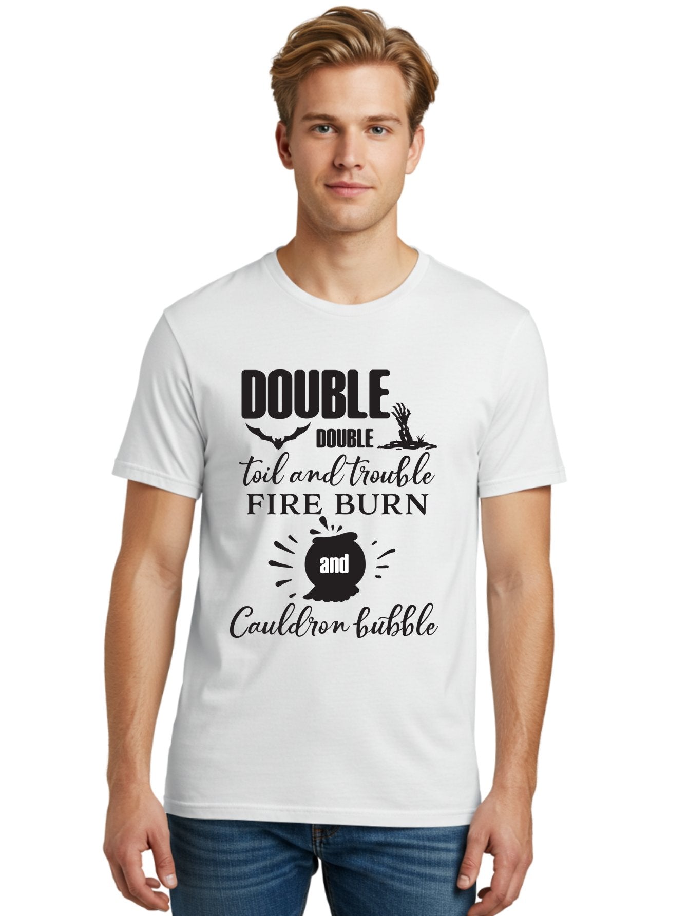 Double-Double-Toil-And-Trouble Men'S Graphic Tee, 100% Cotton, Comfortable Casual Summer Wear, Machine Washable, Halloween Quote, Witchy Vibes, Spooky Season, Macbeth Reference, Double Double Toil And Trouble, Halloween Graphics, Aac660 30