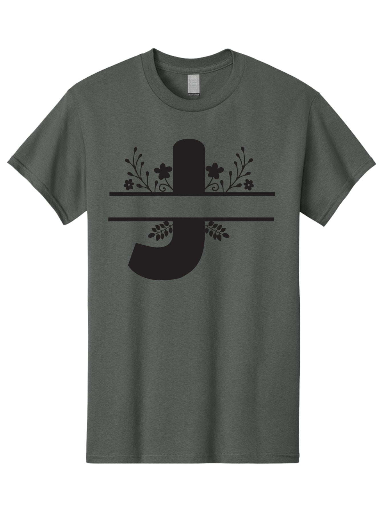 E-Symbol Men'S Graphic Tee, 100% Cotton, Comfortable Casual Summer Wear, Machine Washable, Floral Alphabet, Decorative Letter, Black And Green, Bold Font, Flowers And Leaves, Elegant Design, Stylized Lettering, Unique Typography Aac666 13