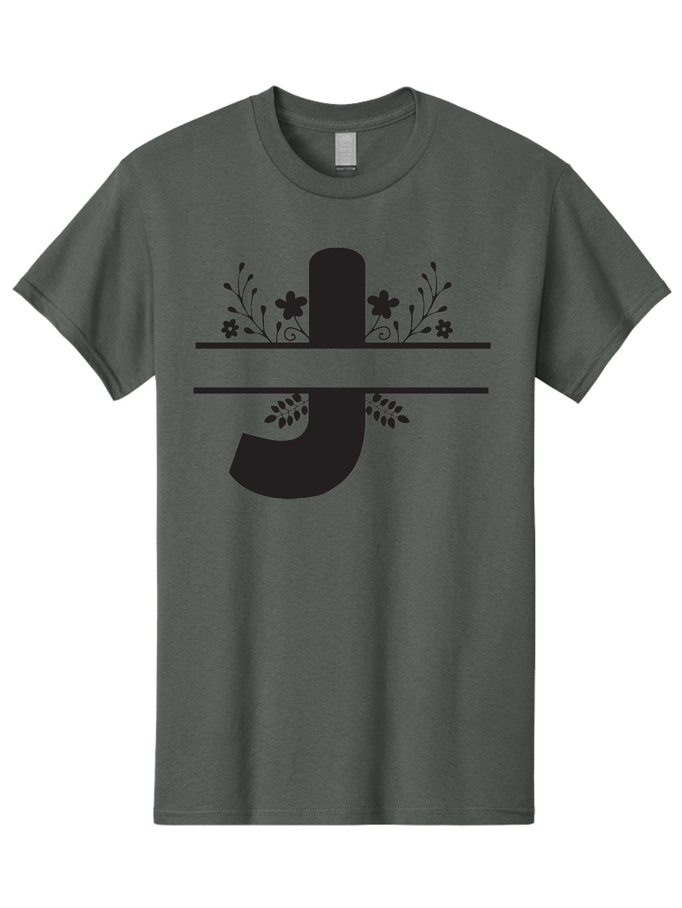 E-Symbol Men'S Graphic Tee, 100% Cotton, Comfortable Casual Summer Wear, Machine Washable, Floral Alphabet, Decorative Letter, Black And Green, Bold Font, Flowers And Leaves, Elegant Design, Stylized Lettering, Unique Typography Aac666 29