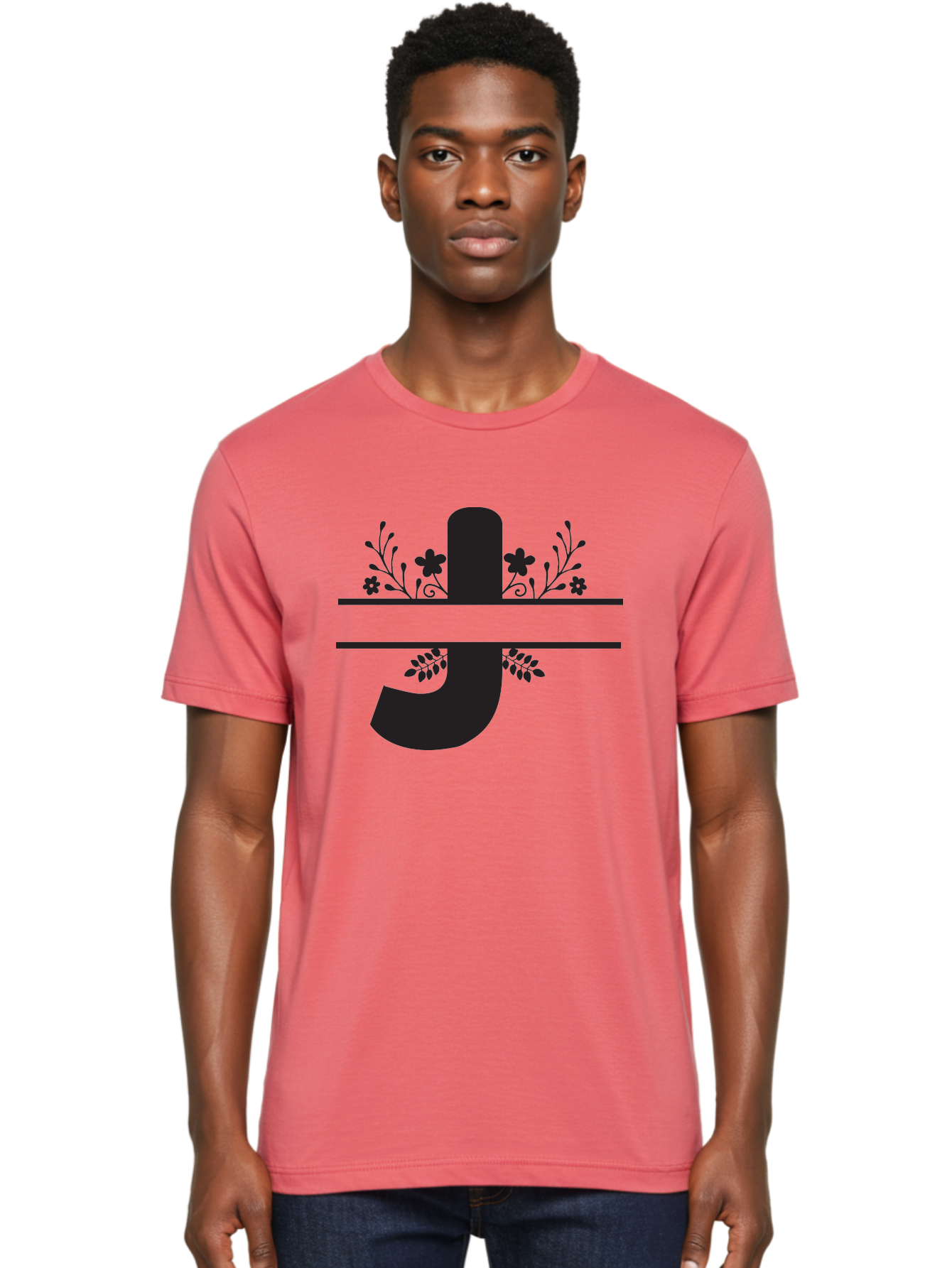 E-Symbol Men'S Graphic Tee, 100% Cotton, Comfortable Casual Summer Wear, Machine Washable, Floral Alphabet, Decorative Letter, Black And Green, Bold Font, Flowers And Leaves, Elegant Design, Stylized Lettering, Unique Typography Aac666 26