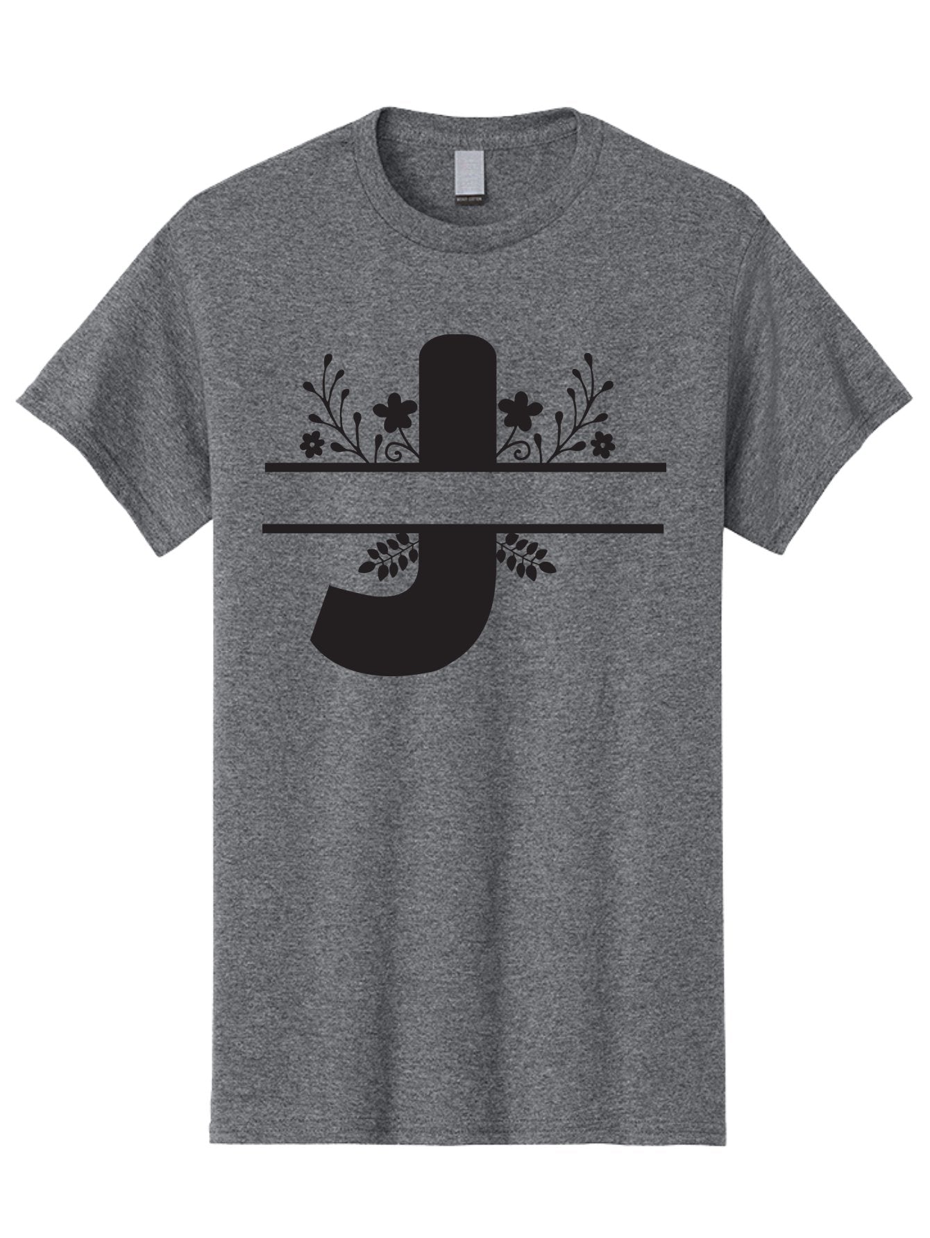 E-Symbol Men'S Graphic Tee, 100% Cotton, Comfortable Casual Summer Wear, Machine Washable, Floral Alphabet, Decorative Letter, Black And Green, Bold Font, Flowers And Leaves, Elegant Design, Stylized Lettering, Unique Typography Aac666 6