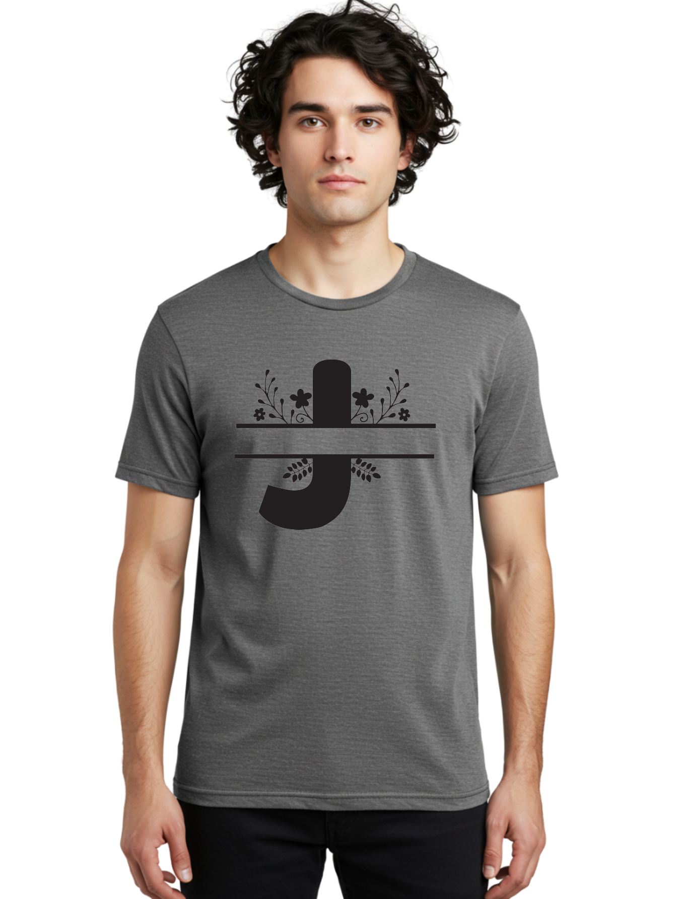 E-Symbol Men'S Graphic Tee, 100% Cotton, Comfortable Casual Summer Wear, Machine Washable, Floral Alphabet, Decorative Letter, Black And Green, Bold Font, Flowers And Leaves, Elegant Design, Stylized Lettering, Unique Typography Aac666 14