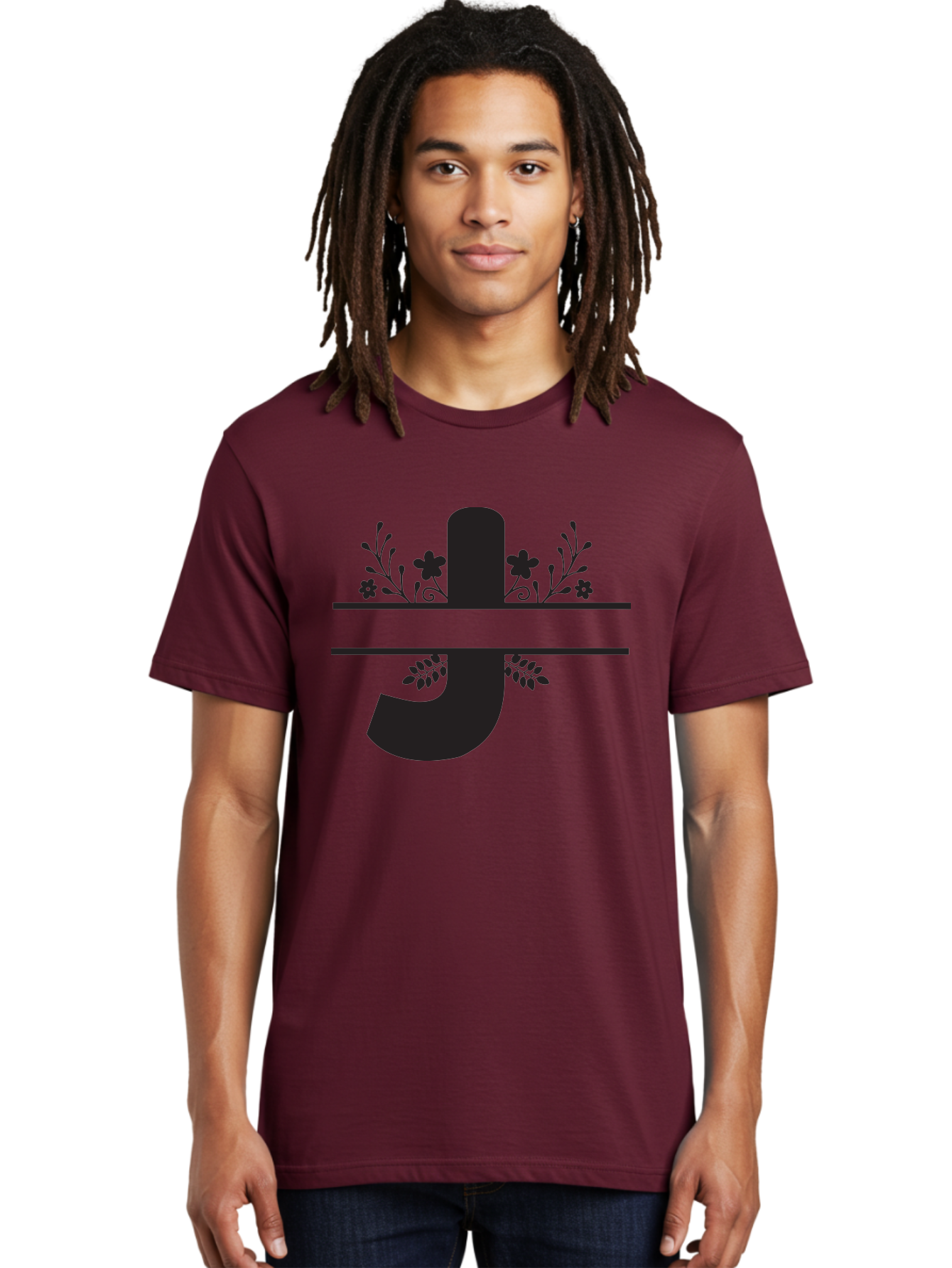 E-Symbol Men'S Graphic Tee, 100% Cotton, Comfortable Casual Summer Wear, Machine Washable, Floral Alphabet, Decorative Letter, Black And Green, Bold Font, Flowers And Leaves, Elegant Design, Stylized Lettering, Unique Typography Aac666 12