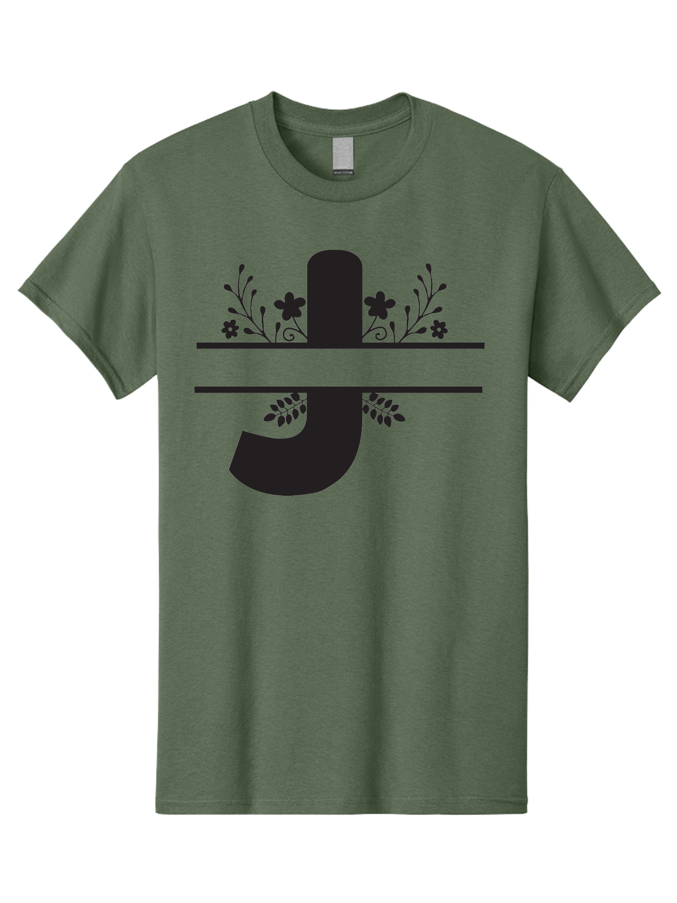 E-Symbol Men'S Graphic Tee, 100% Cotton, Comfortable Casual Summer Wear, Machine Washable, Floral Alphabet, Decorative Letter, Black And Green, Bold Font, Flowers And Leaves, Elegant Design, Stylized Lettering, Unique Typography Aac666 21
