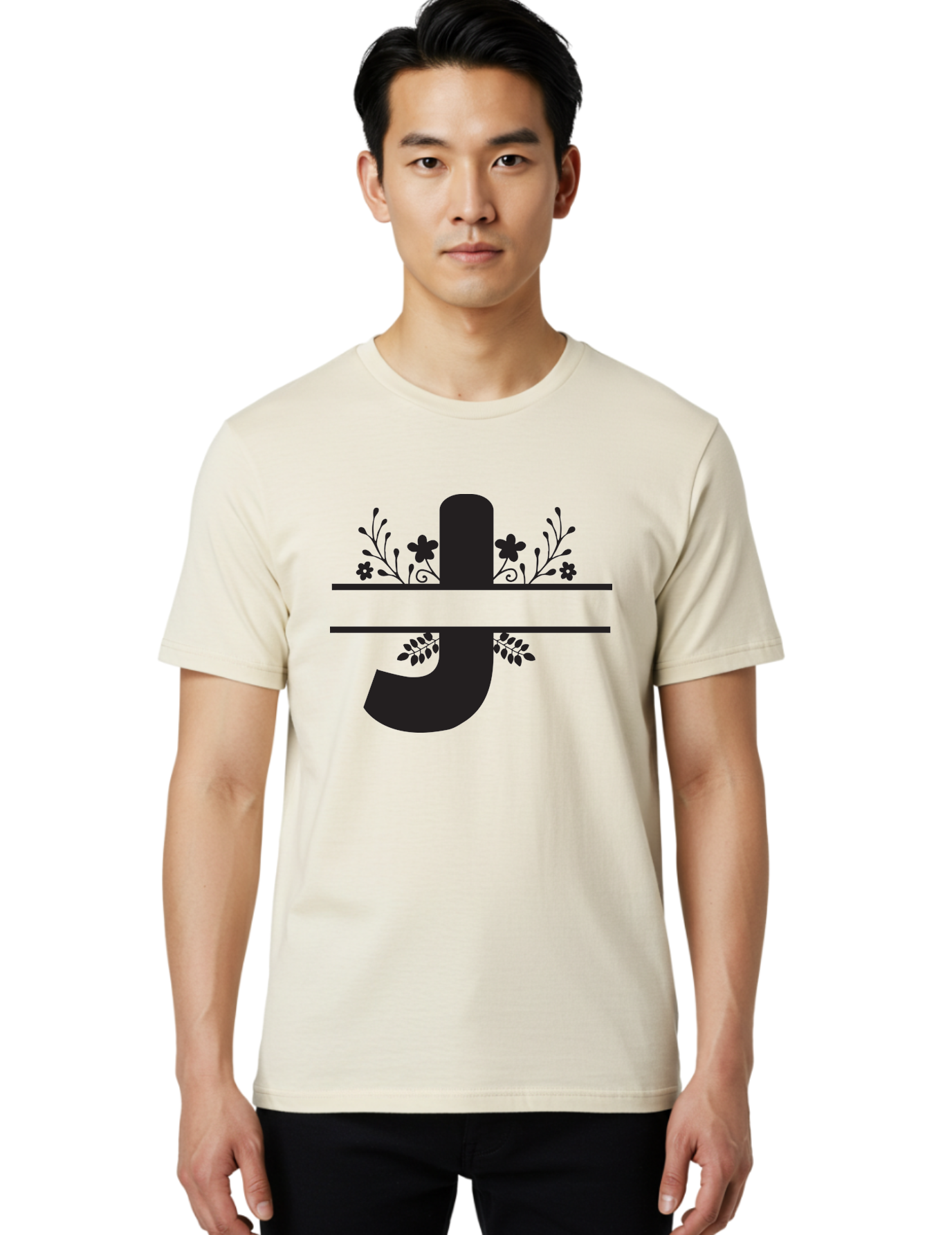 E-Symbol Men'S Graphic Tee, 100% Cotton, Comfortable Casual Summer Wear, Machine Washable, Floral Alphabet, Decorative Letter, Black And Green, Bold Font, Flowers And Leaves, Elegant Design, Stylized Lettering, Unique Typography Aac666 10
