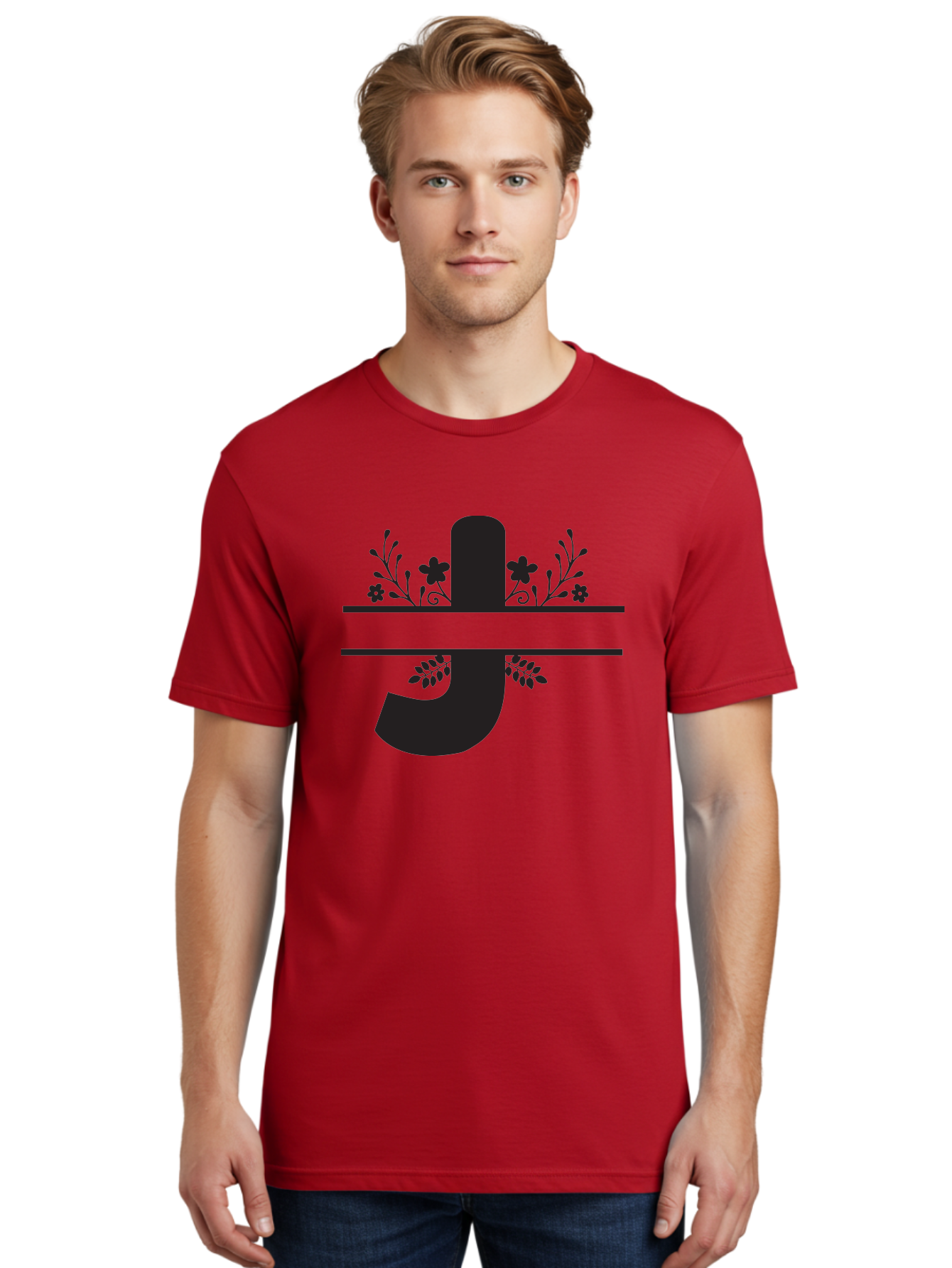 E-Symbol Men'S Graphic Tee, 100% Cotton, Comfortable Casual Summer Wear, Machine Washable, Floral Alphabet, Decorative Letter, Black And Green, Bold Font, Flowers And Leaves, Elegant Design, Stylized Lettering, Unique Typography Aac666 4